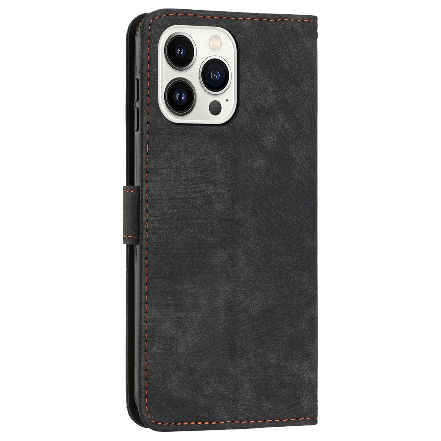 Wallet Leather Case for iPhone 15 Pro , Lines Imprinted Stand Anti-drop Cover with Shoulder Strap - Black