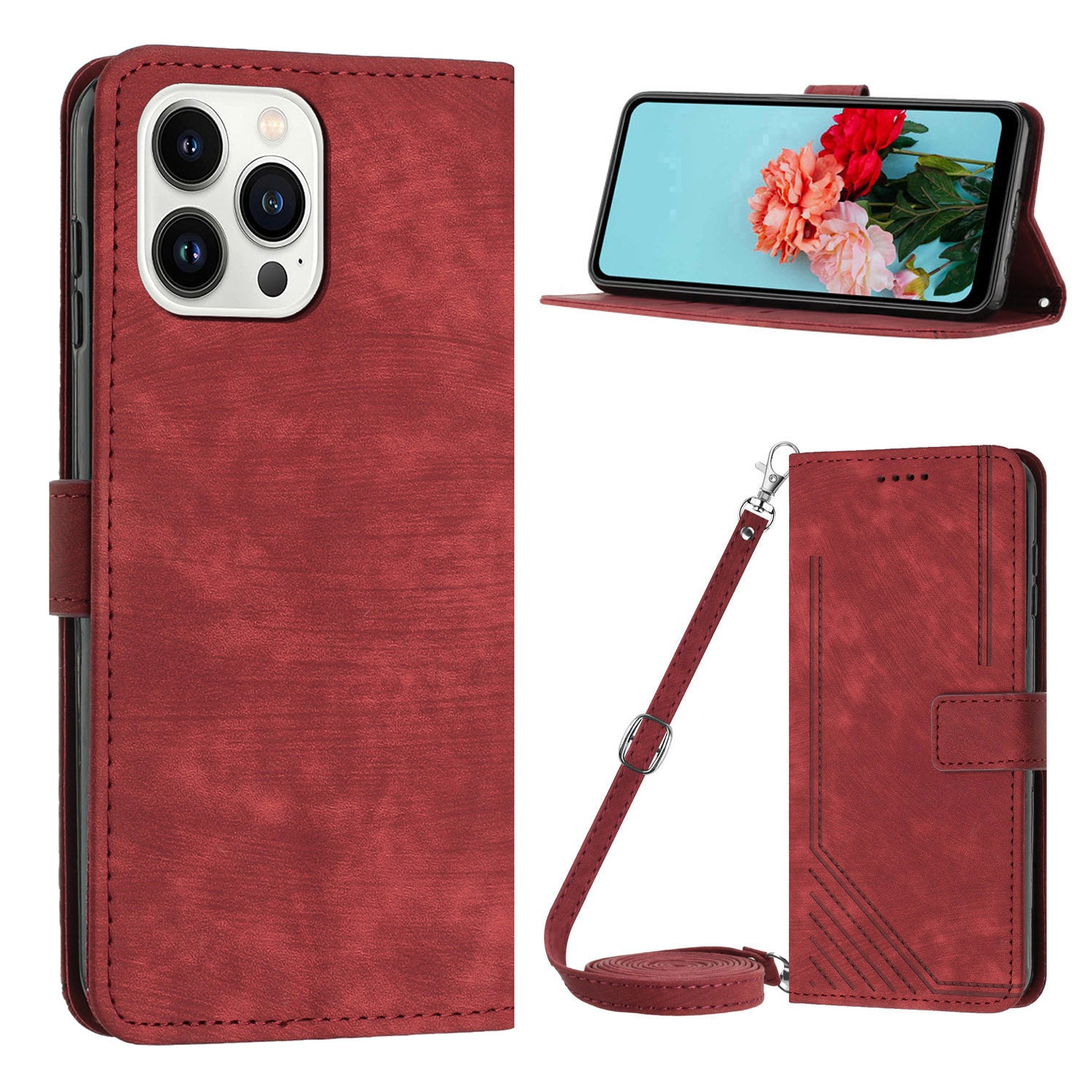 Wallet Leather Case for iPhone 15 Pro , Lines Imprinted Stand Anti-drop Cover with Shoulder Strap - Red