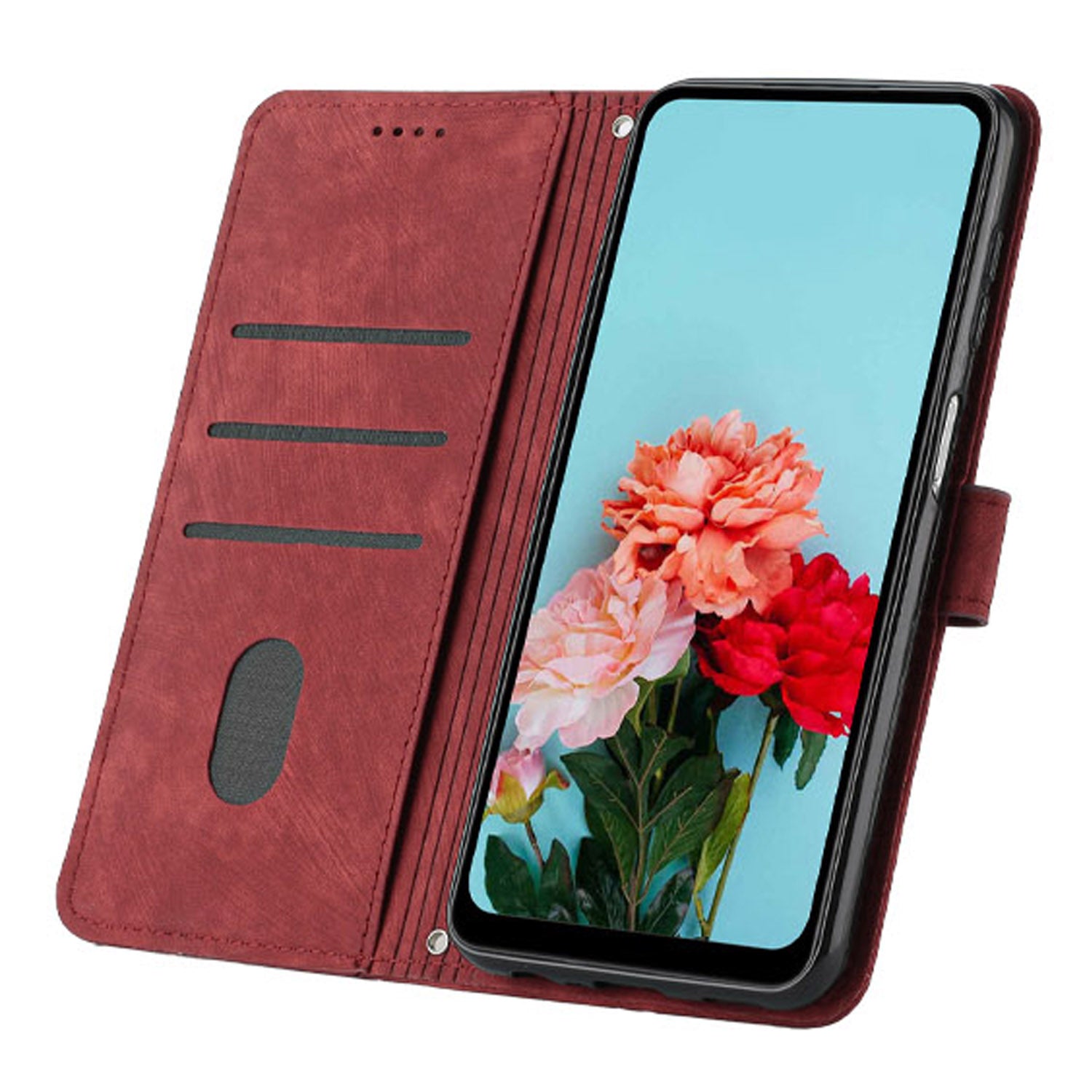 Wallet Leather Case for iPhone 15 Pro , Lines Imprinted Stand Anti-drop Cover with Shoulder Strap - Red