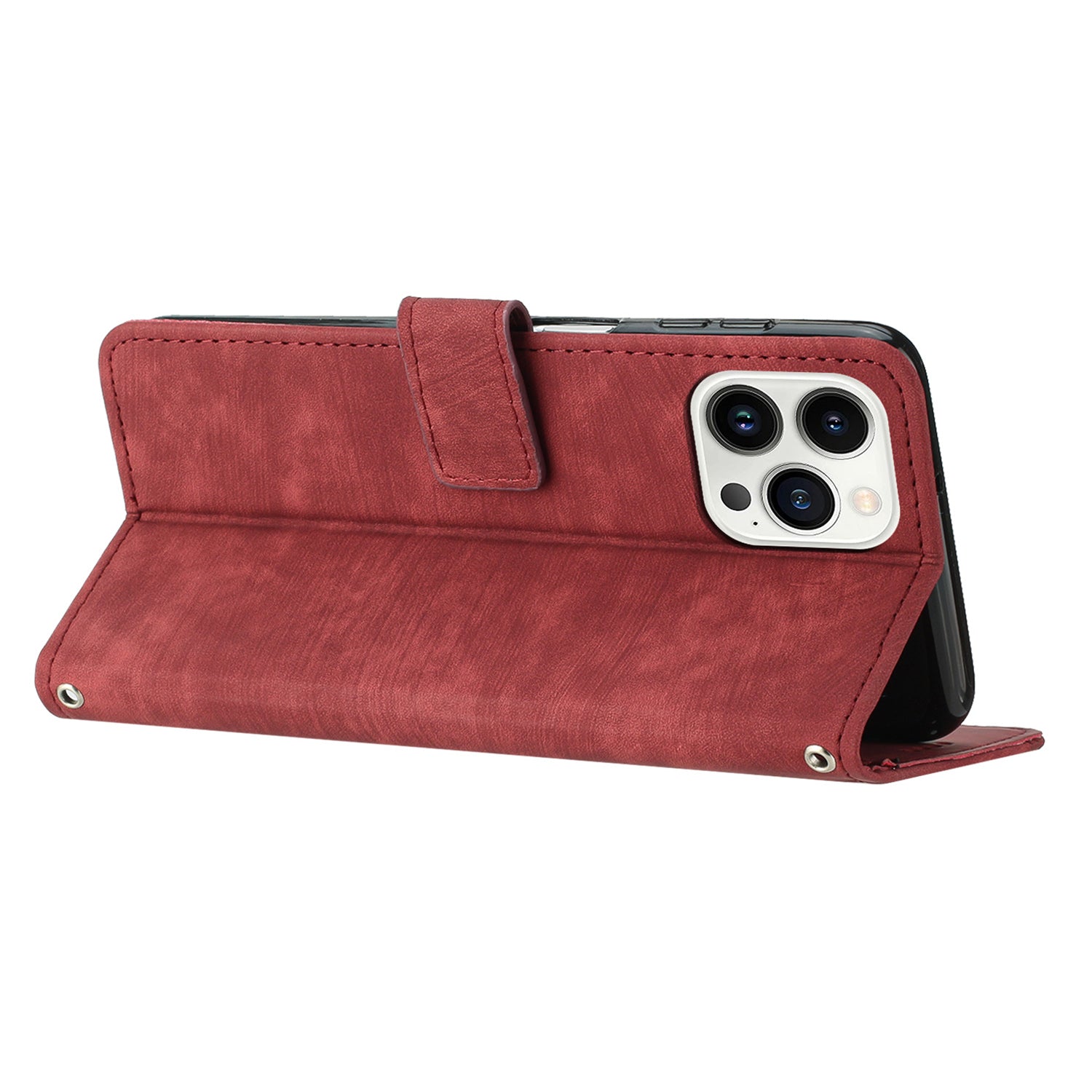 Wallet Leather Case for iPhone 15 Pro , Lines Imprinted Stand Anti-drop Cover with Shoulder Strap - Red