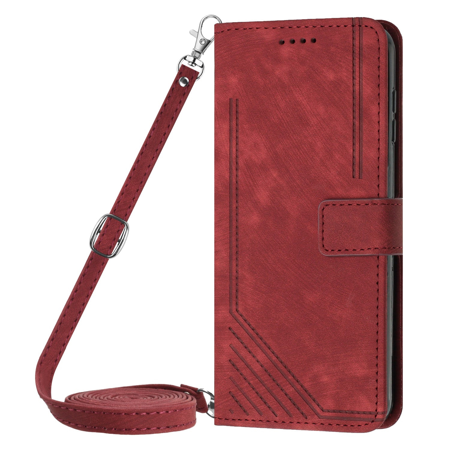 Wallet Leather Case for iPhone 15 Pro , Lines Imprinted Stand Anti-drop Cover with Shoulder Strap - Red