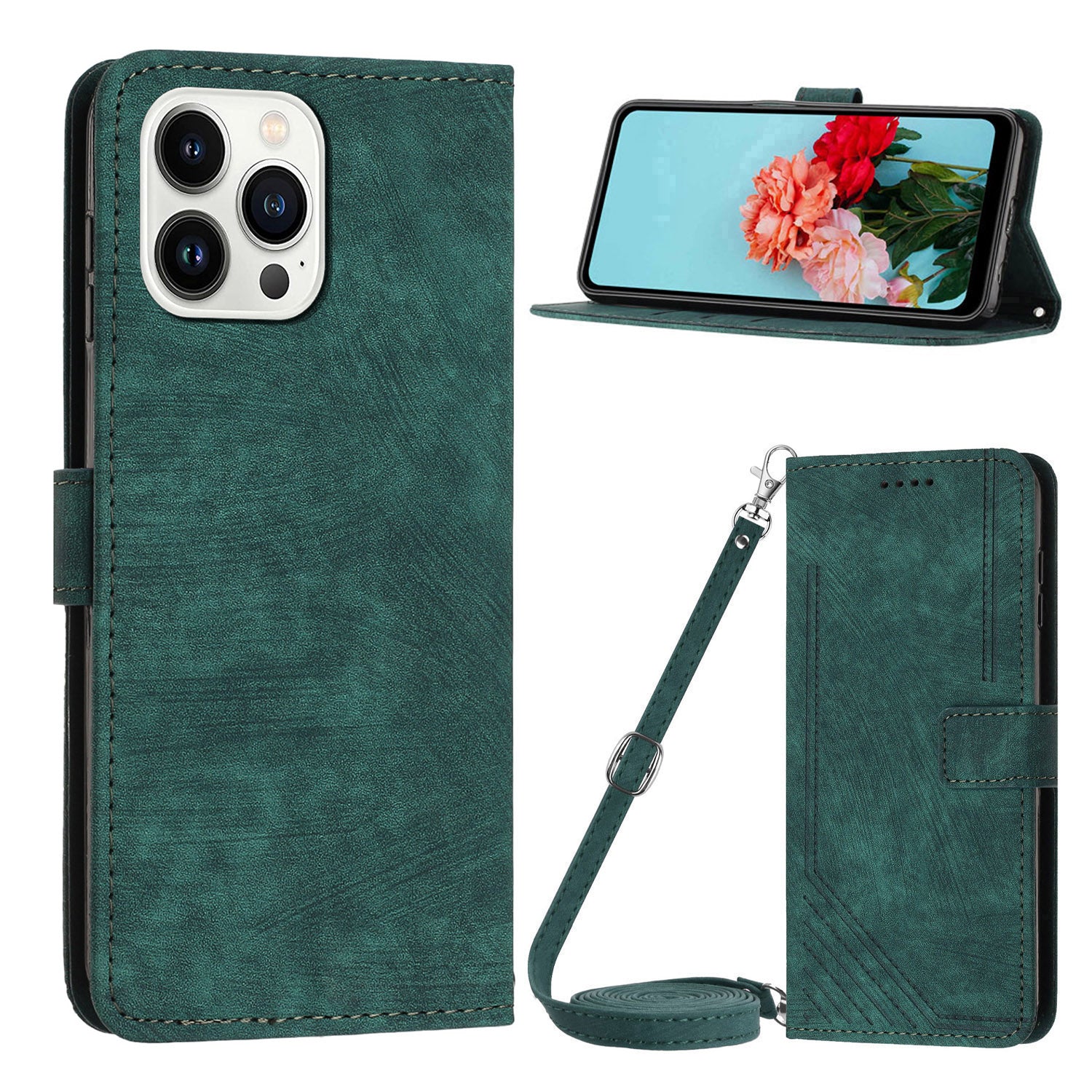 Wallet Leather Case for iPhone 15 Pro , Lines Imprinted Stand Anti-drop Cover with Shoulder Strap - Green