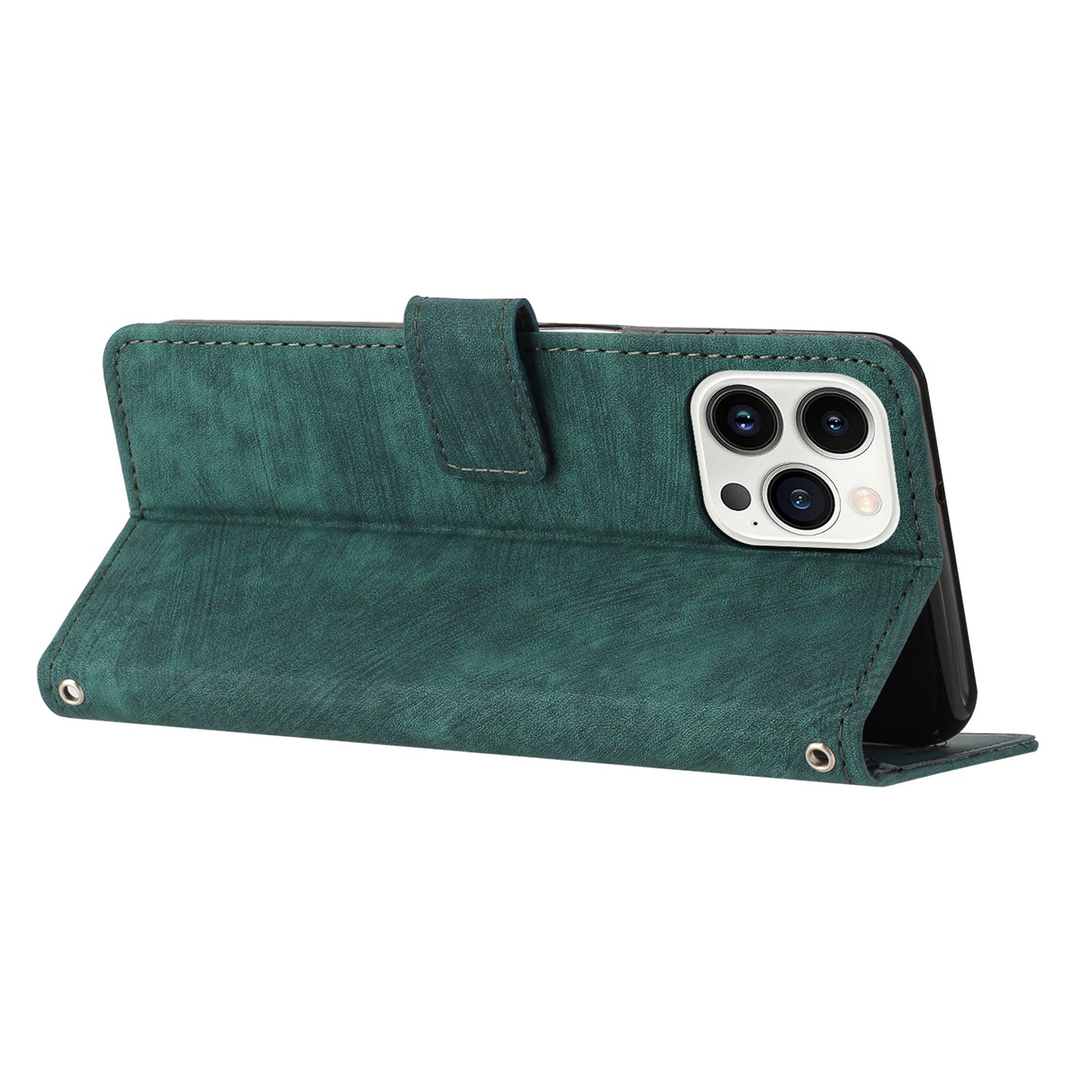 Wallet Leather Case for iPhone 15 Pro , Lines Imprinted Stand Anti-drop Cover with Shoulder Strap - Green