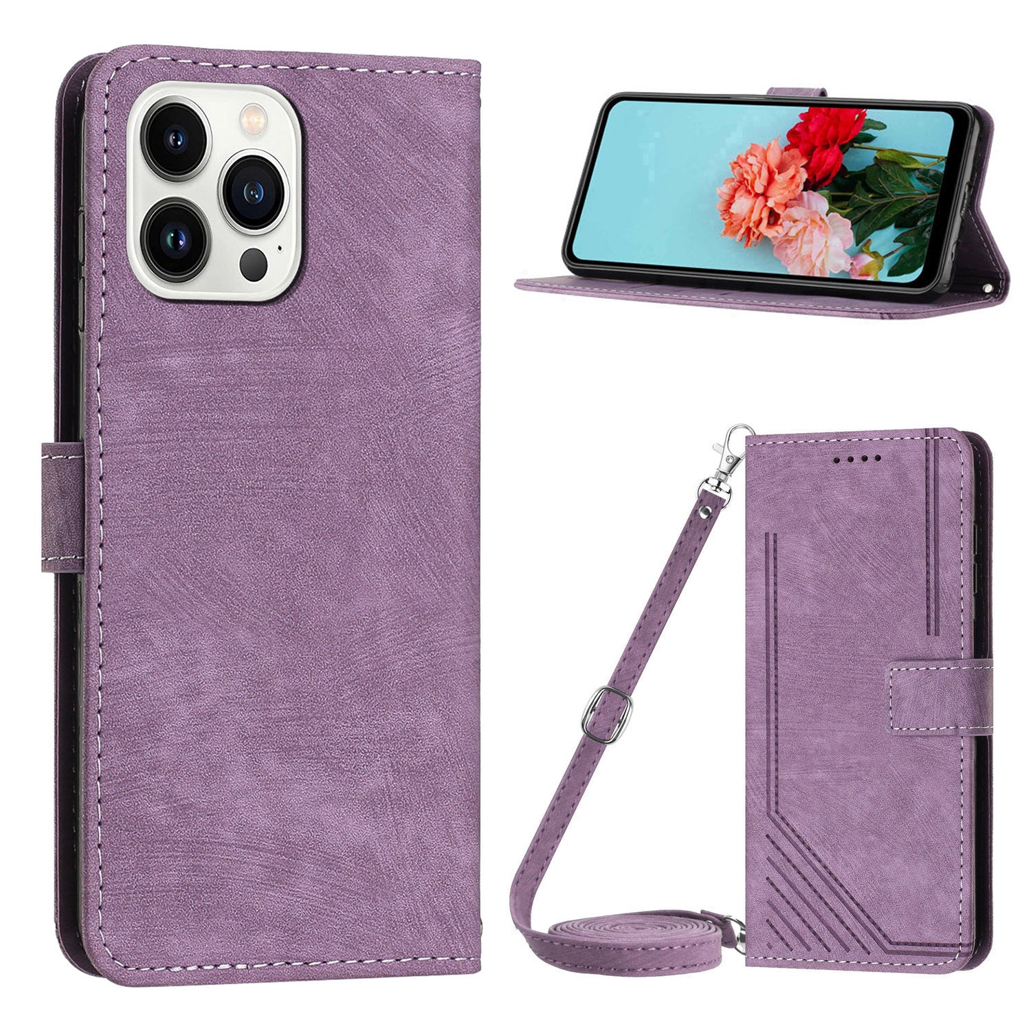 Wallet Leather Case for iPhone 15 Pro , Lines Imprinted Stand Anti-drop Cover with Shoulder Strap - Purple