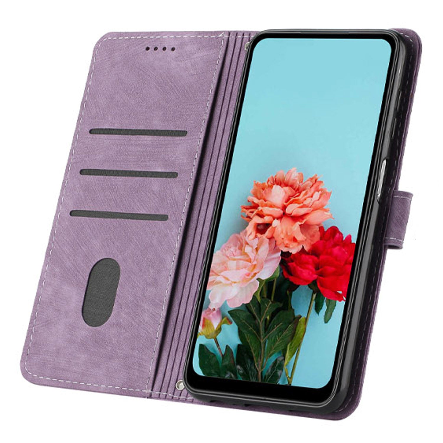 Wallet Leather Case for iPhone 15 Pro , Lines Imprinted Stand Anti-drop Cover with Shoulder Strap - Purple