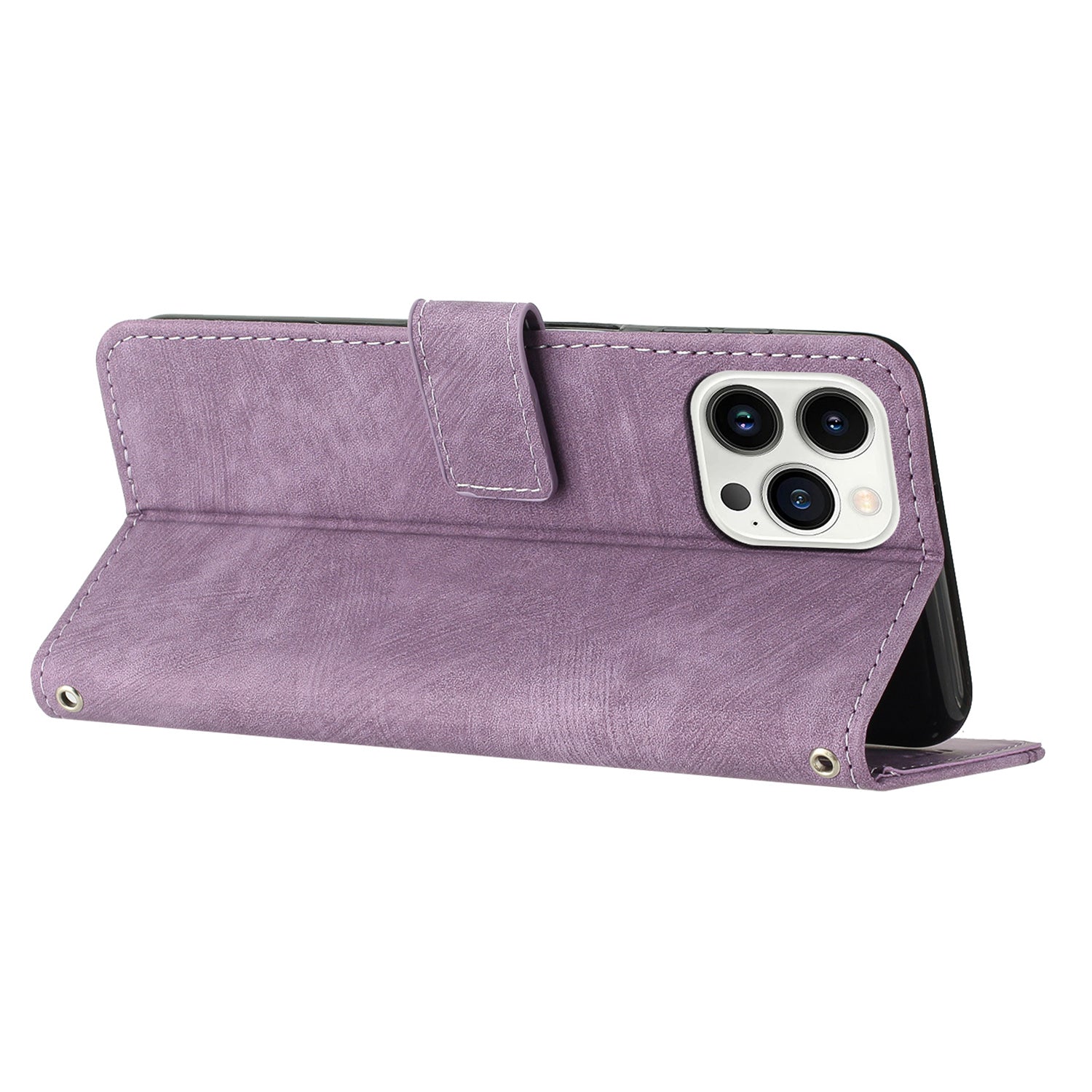 Wallet Leather Case for iPhone 15 Pro , Lines Imprinted Stand Anti-drop Cover with Shoulder Strap - Purple