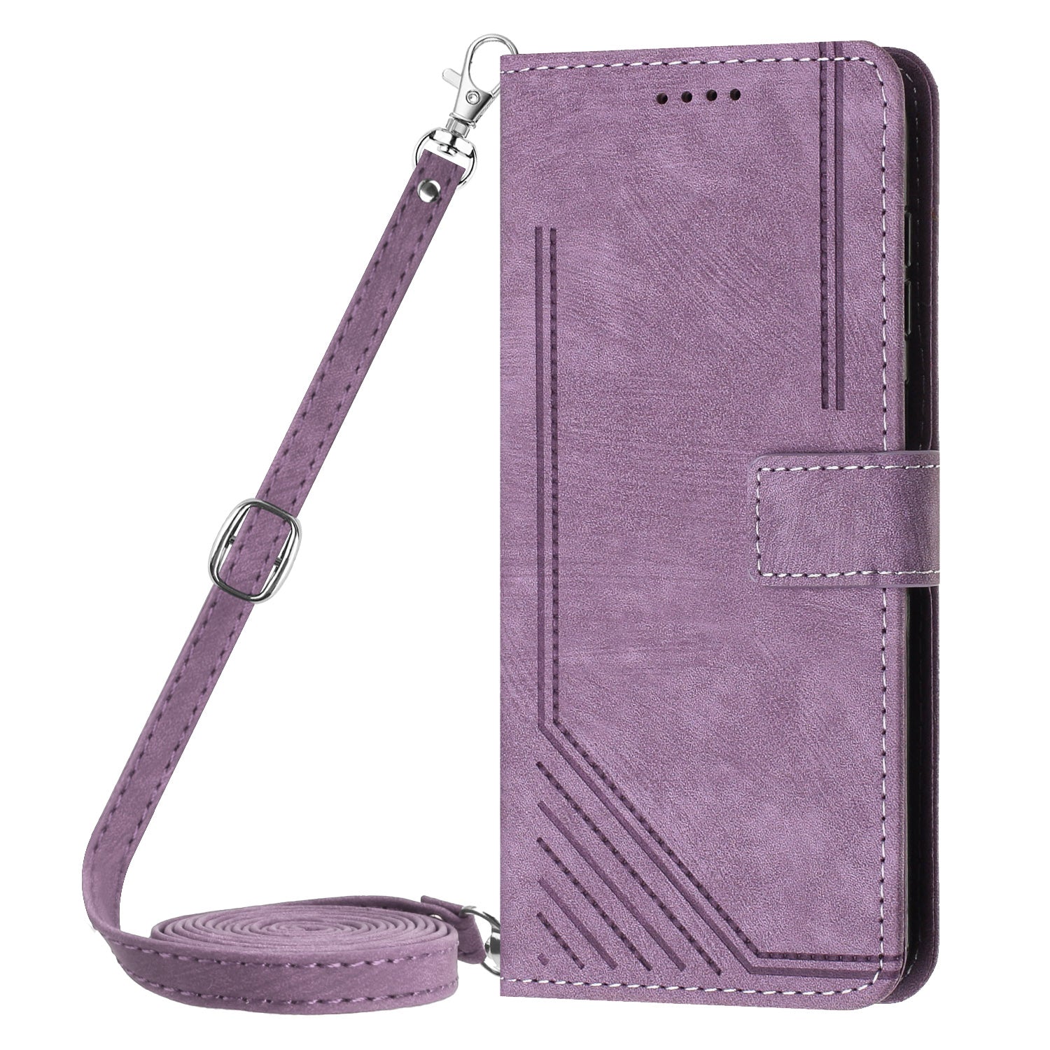 Wallet Leather Case for iPhone 15 Pro , Lines Imprinted Stand Anti-drop Cover with Shoulder Strap - Purple