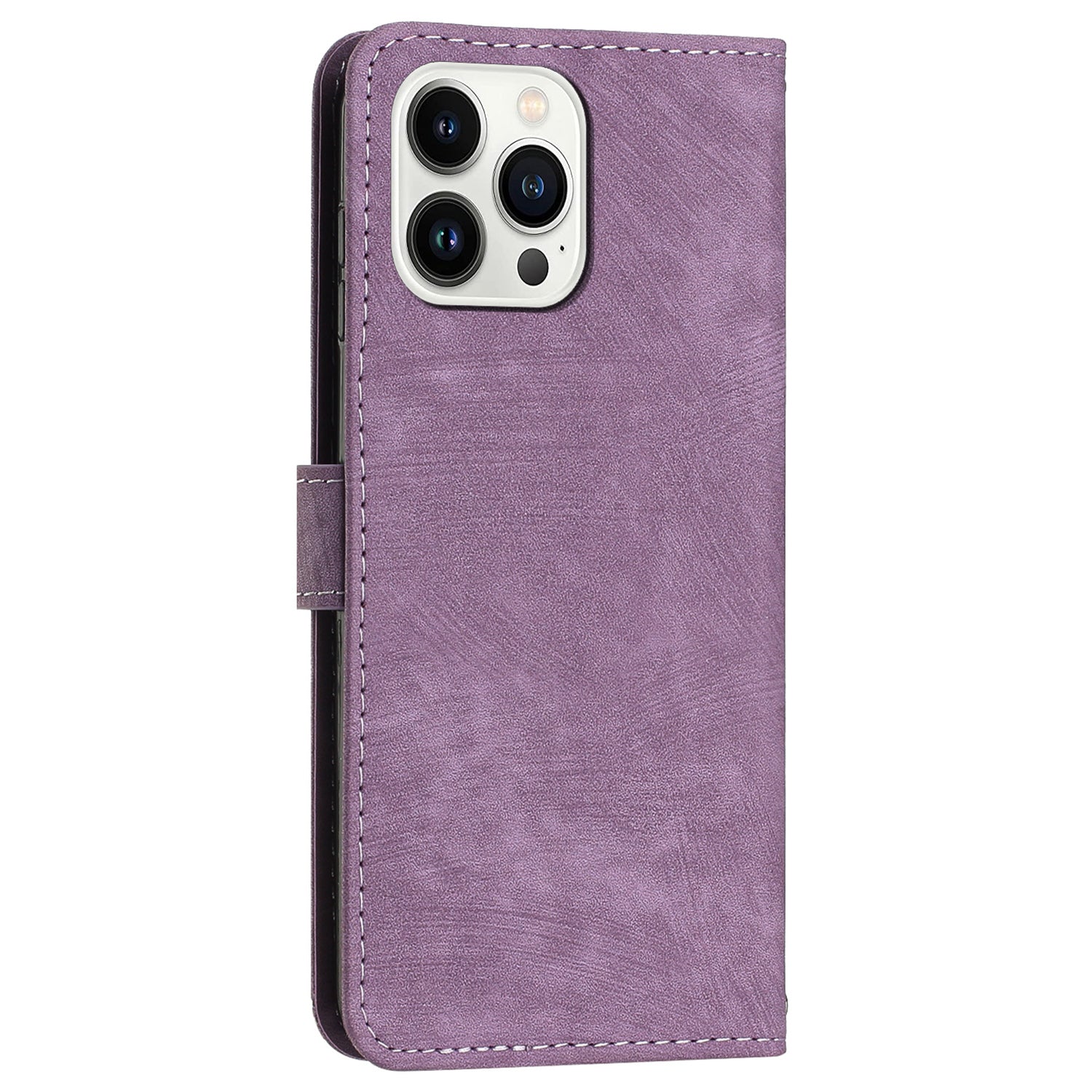 Wallet Leather Case for iPhone 15 Pro , Lines Imprinted Stand Anti-drop Cover with Shoulder Strap - Purple