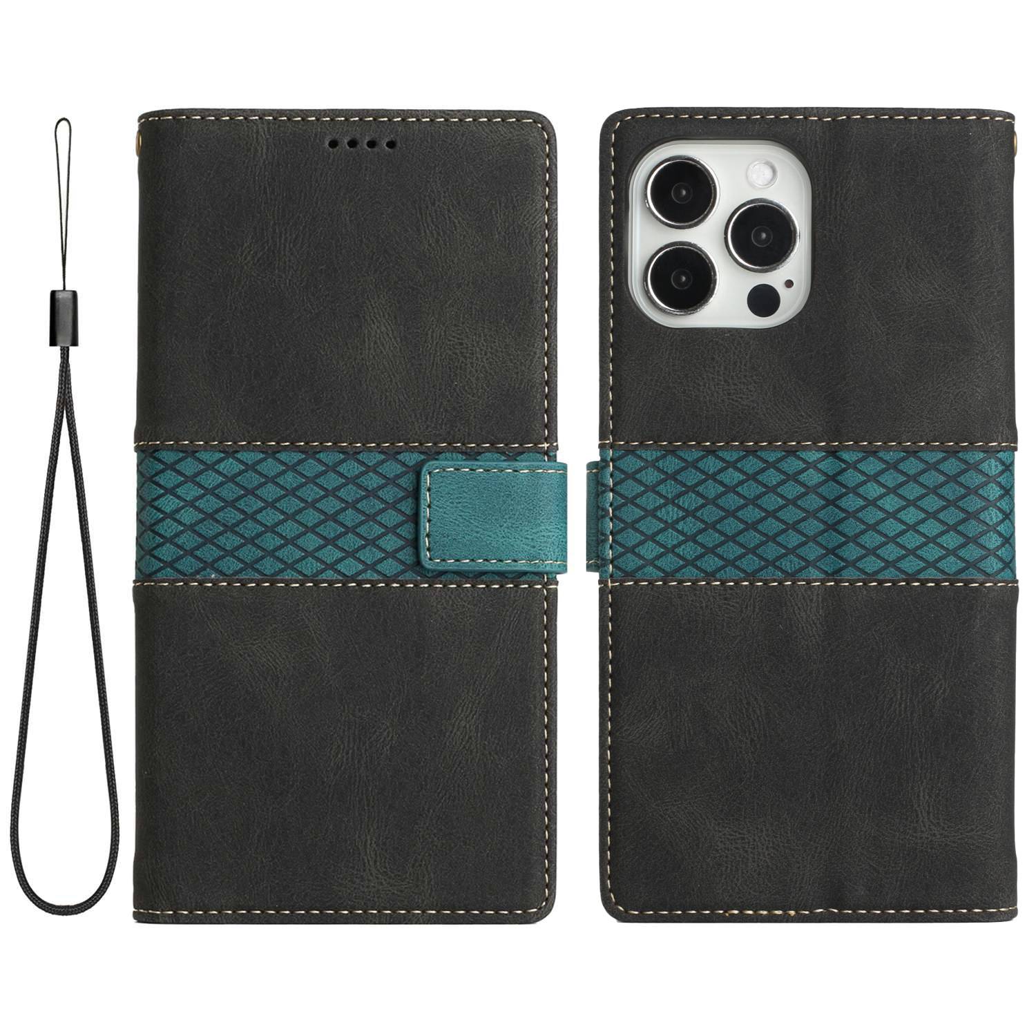 Wallet Leather Case for iPhone 15 Pro , Stand Grid Splicing Protective Phone Cover with Strap - Black
