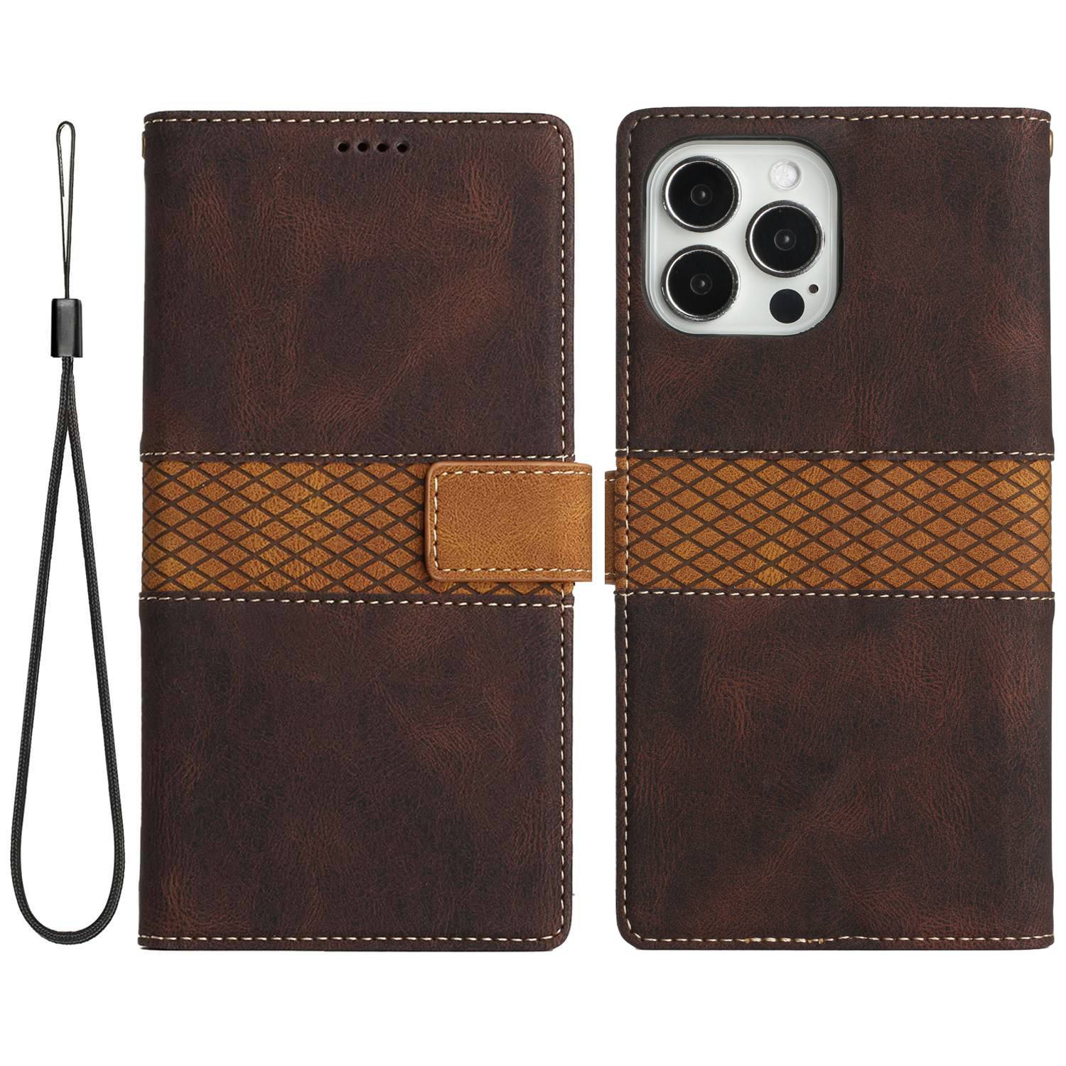 Wallet Leather Case for iPhone 15 Pro , Stand Grid Splicing Protective Phone Cover with Strap - Brown