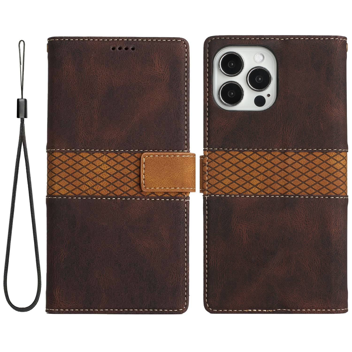 Wallet Stand Phone Case for iPhone 15 Pro Max , Grid Splicing PU Leather Phone Cover with Strap - Brown