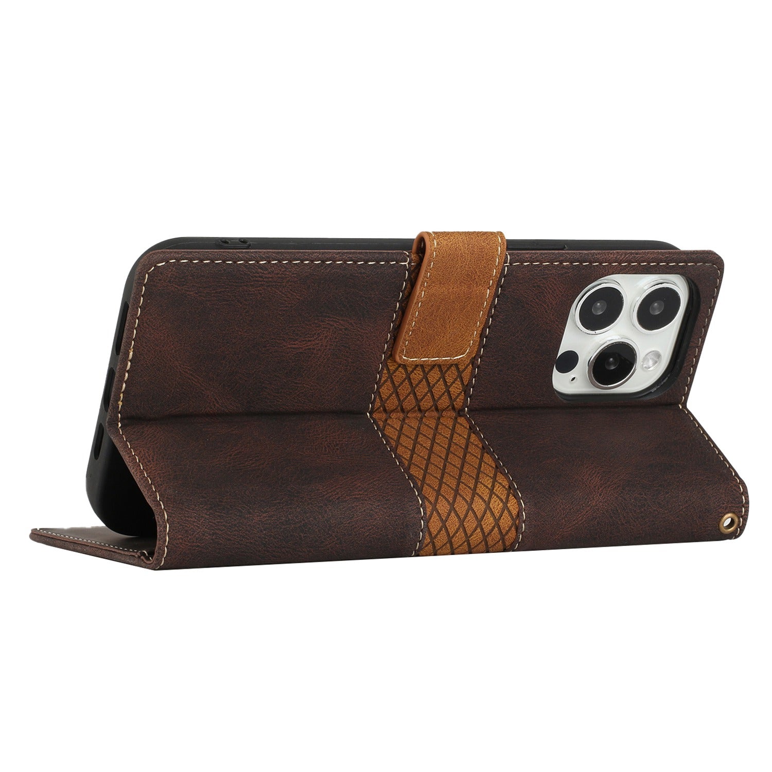 Wallet Stand Phone Case for iPhone 15 Pro Max , Grid Splicing PU Leather Phone Cover with Strap - Brown