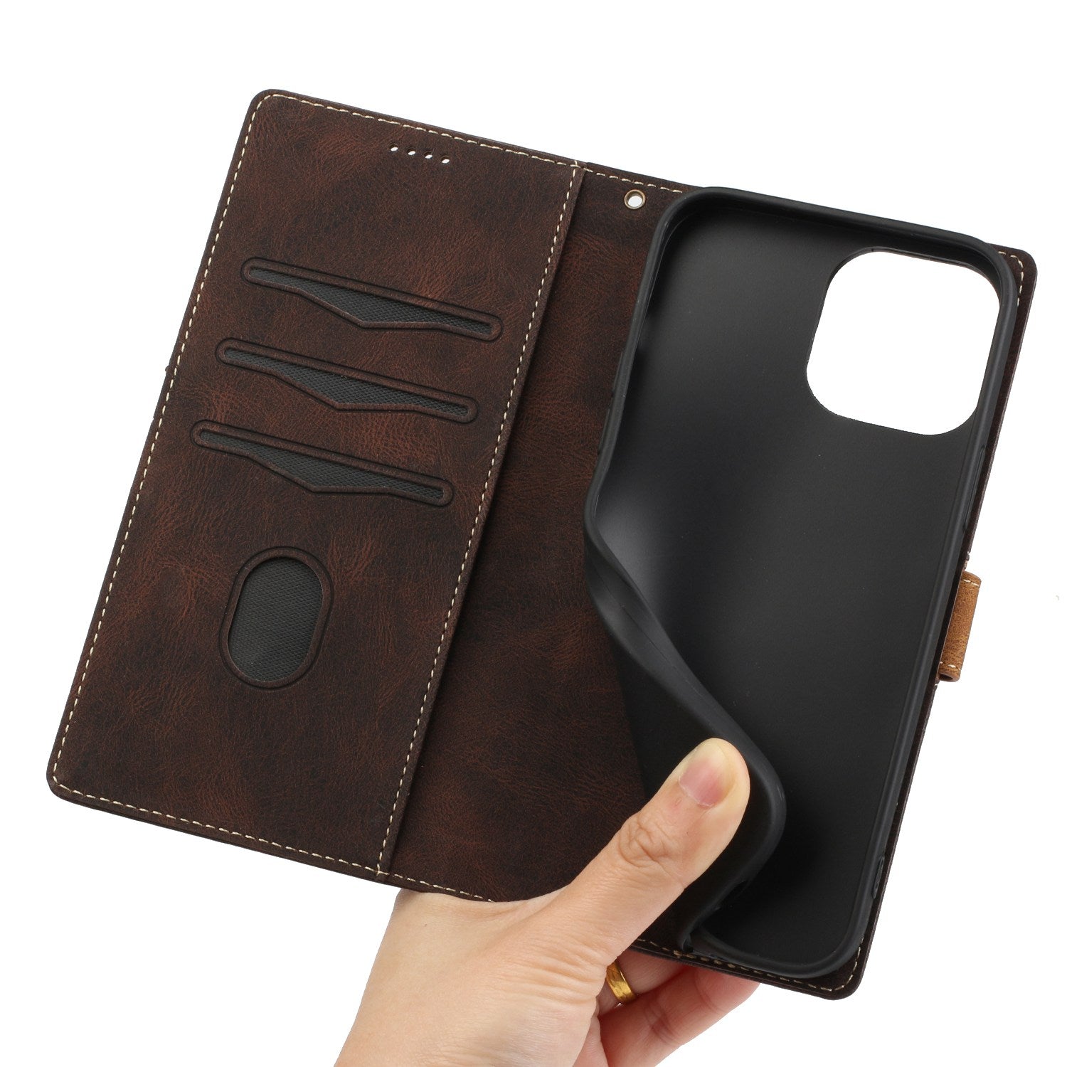 Wallet Stand Phone Case for iPhone 15 Pro Max , Grid Splicing PU Leather Phone Cover with Strap - Brown