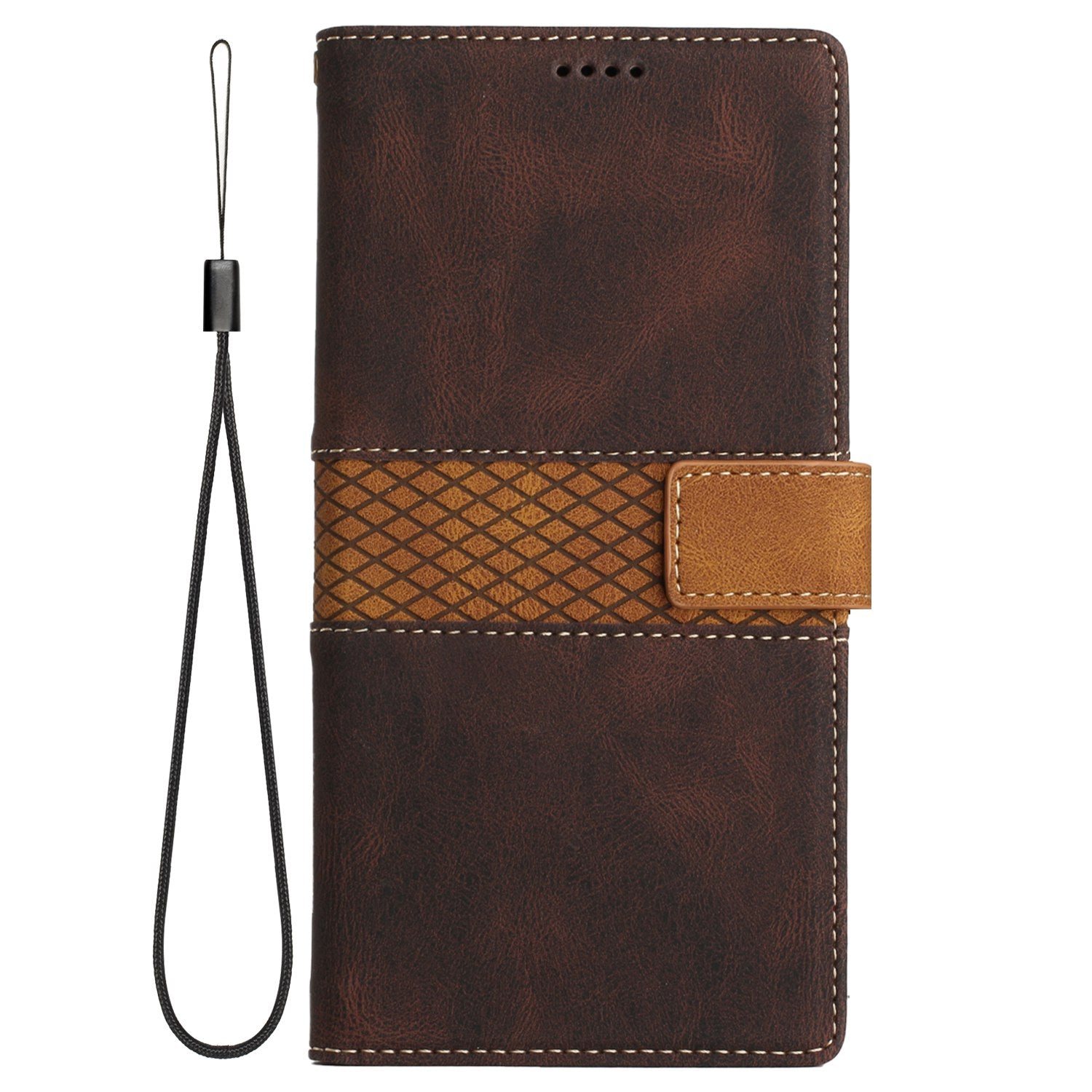 Wallet Stand Phone Case for iPhone 15 Pro Max , Grid Splicing PU Leather Phone Cover with Strap - Brown