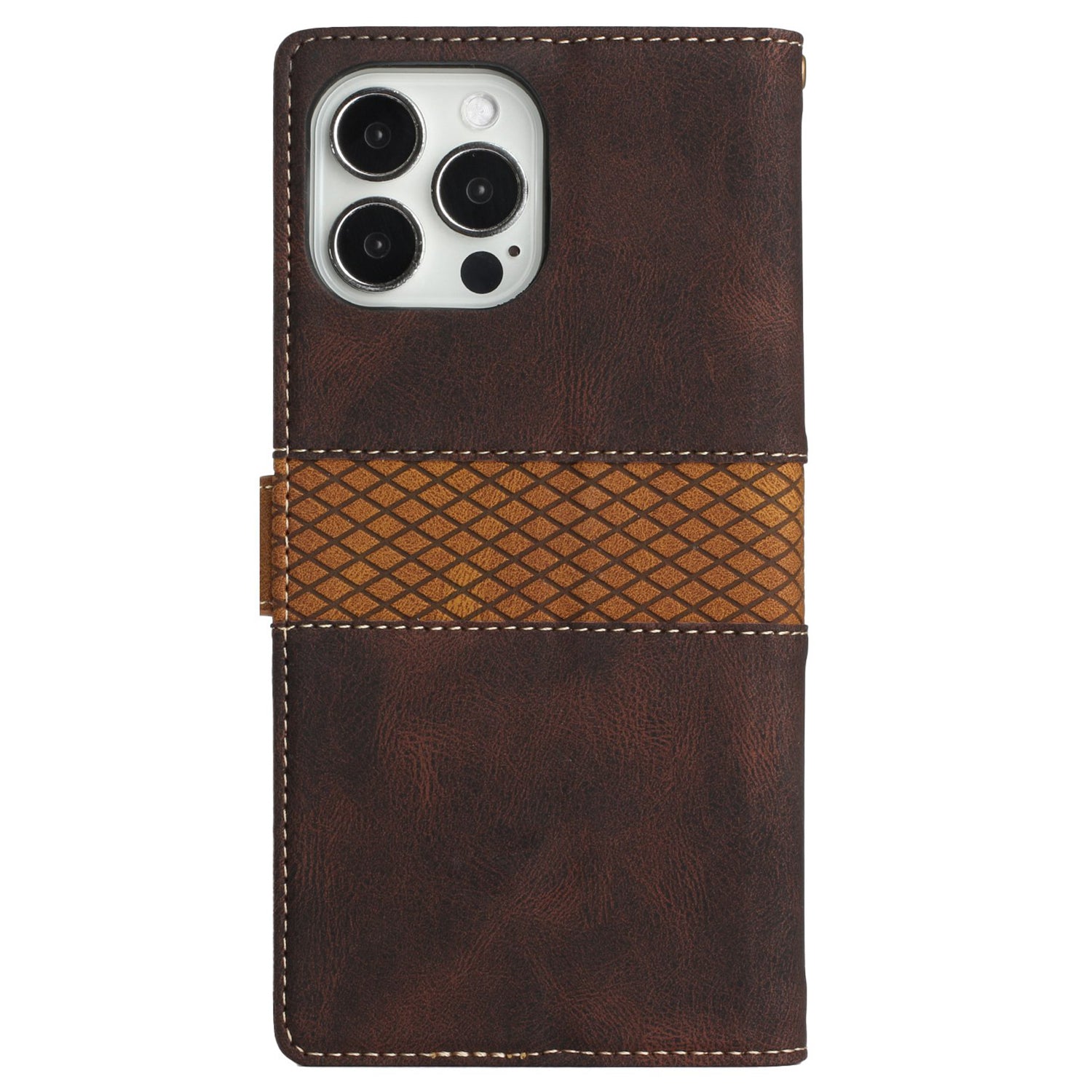 Wallet Stand Phone Case for iPhone 15 Pro Max , Grid Splicing PU Leather Phone Cover with Strap - Brown