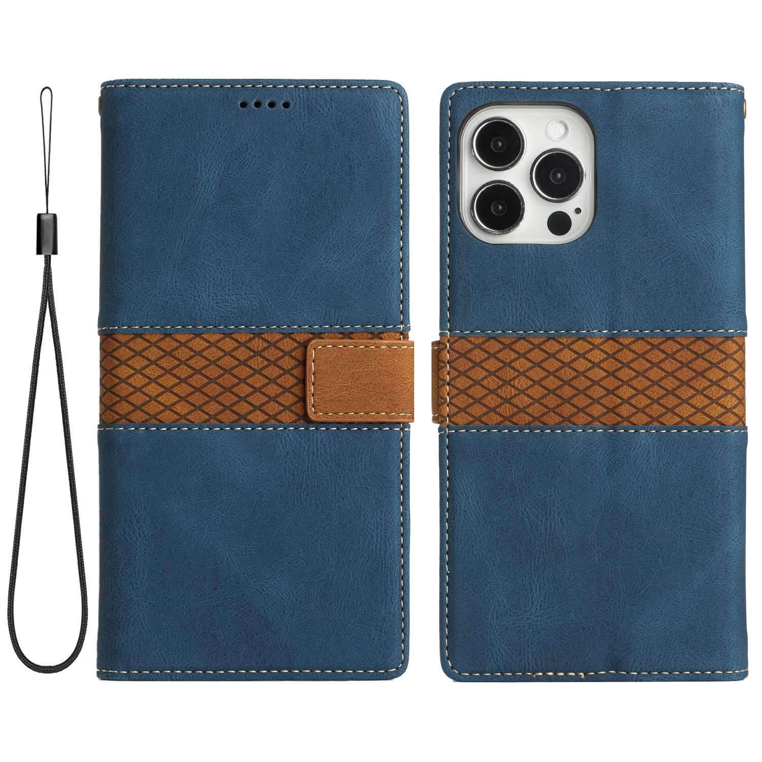 Wallet Stand Phone Case for iPhone 15 Pro Max , Grid Splicing PU Leather Phone Cover with Strap - Blue