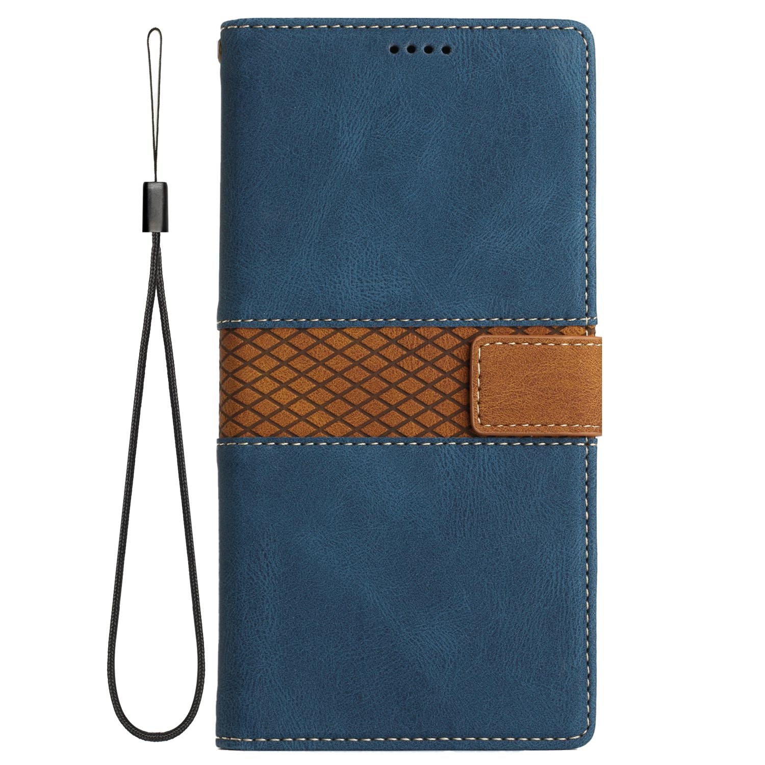 Wallet Stand Phone Case for iPhone 15 Pro Max , Grid Splicing PU Leather Phone Cover with Strap - Blue