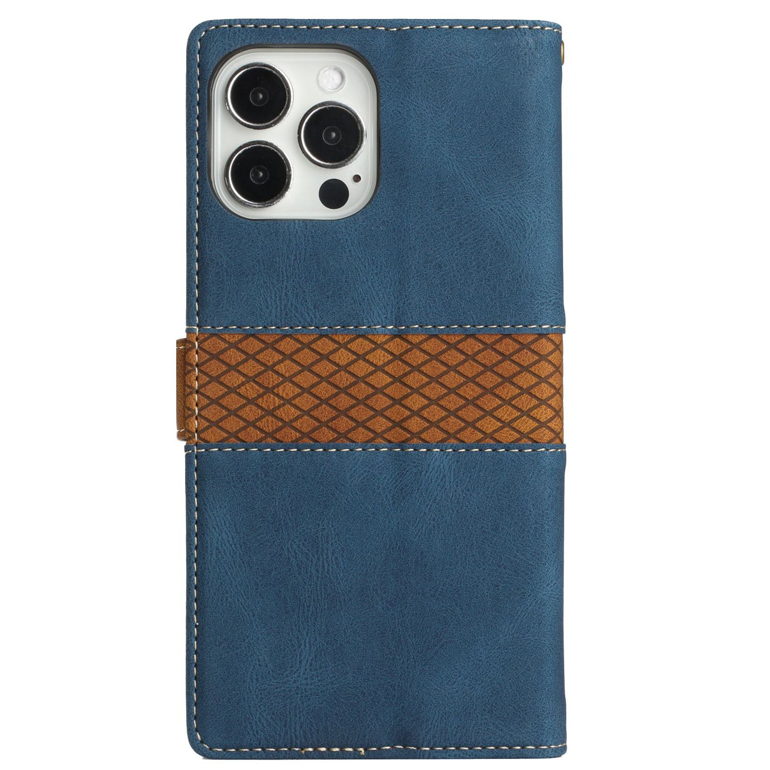 Wallet Stand Phone Case for iPhone 15 Pro Max , Grid Splicing PU Leather Phone Cover with Strap - Blue