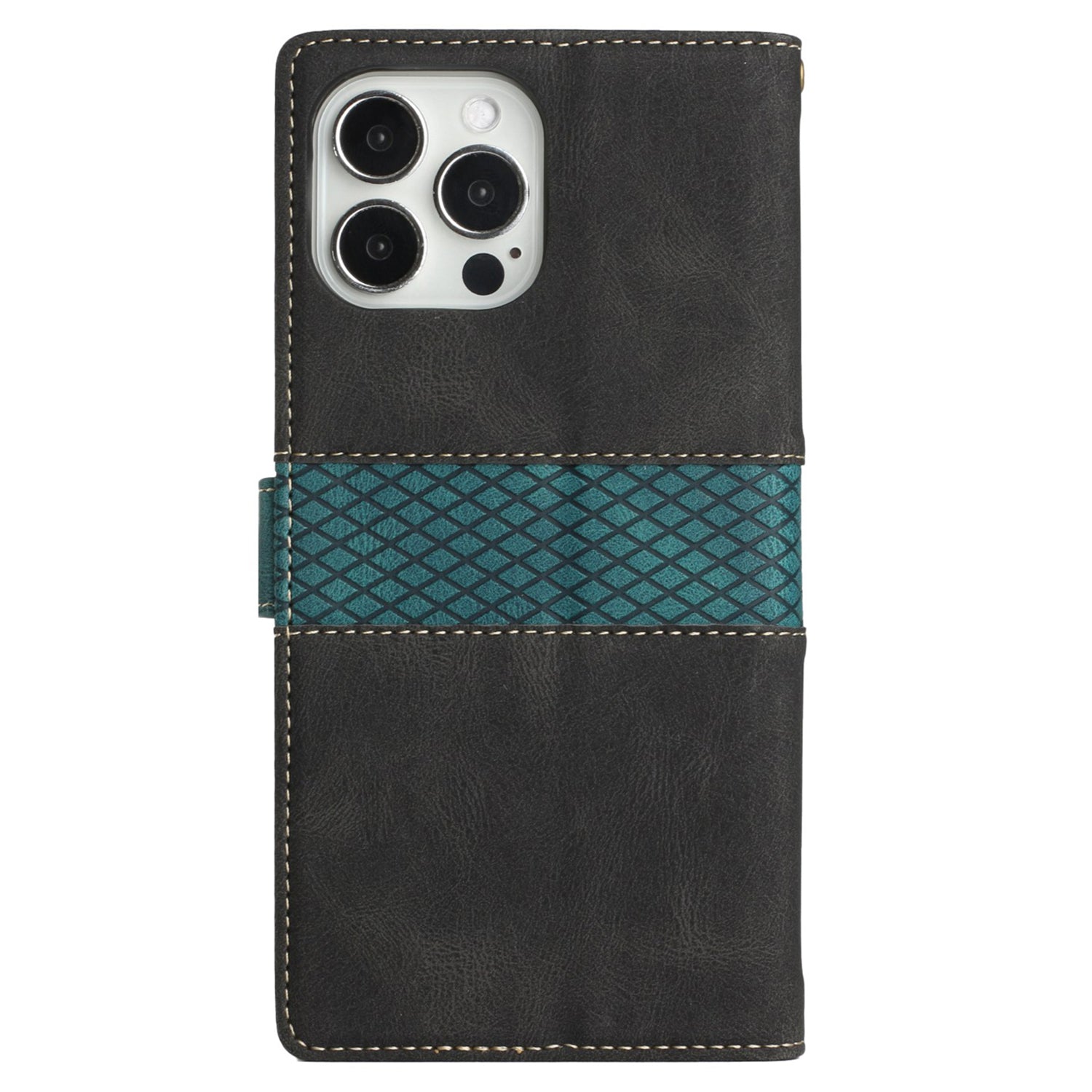 Wallet Stand Phone Case for iPhone 15 Pro Max , Grid Splicing PU Leather Phone Cover with Strap - Black