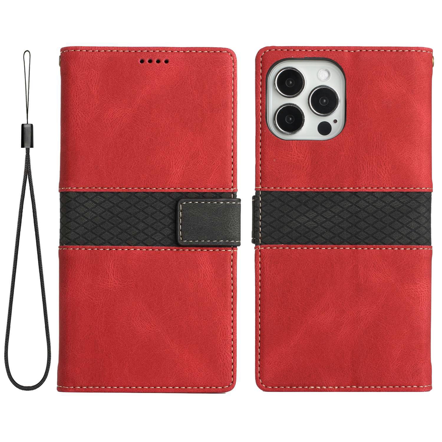 Wallet Stand Phone Case for iPhone 15 Pro Max , Grid Splicing PU Leather Phone Cover with Strap - Red