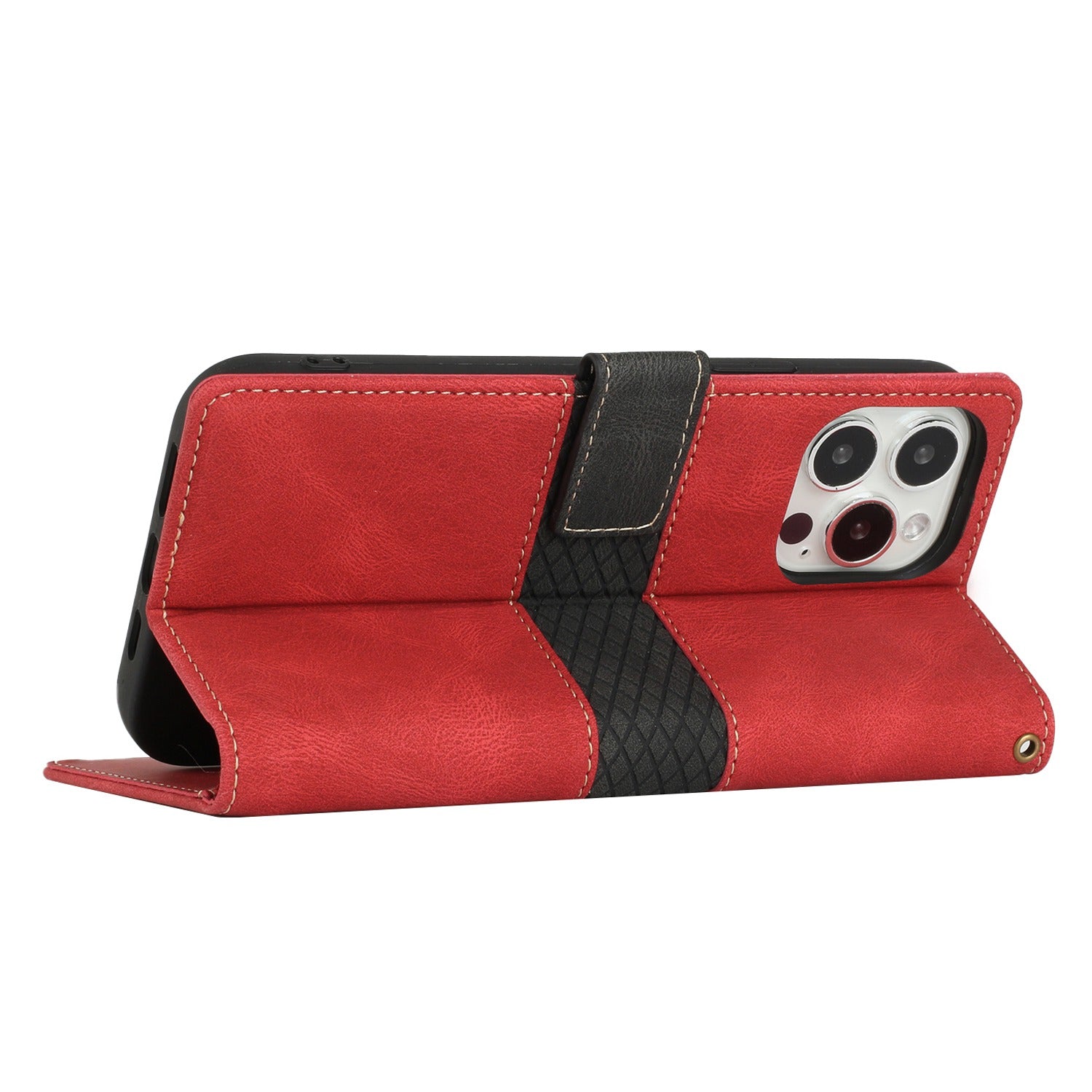 Wallet Stand Phone Case for iPhone 15 Pro Max , Grid Splicing PU Leather Phone Cover with Strap - Red