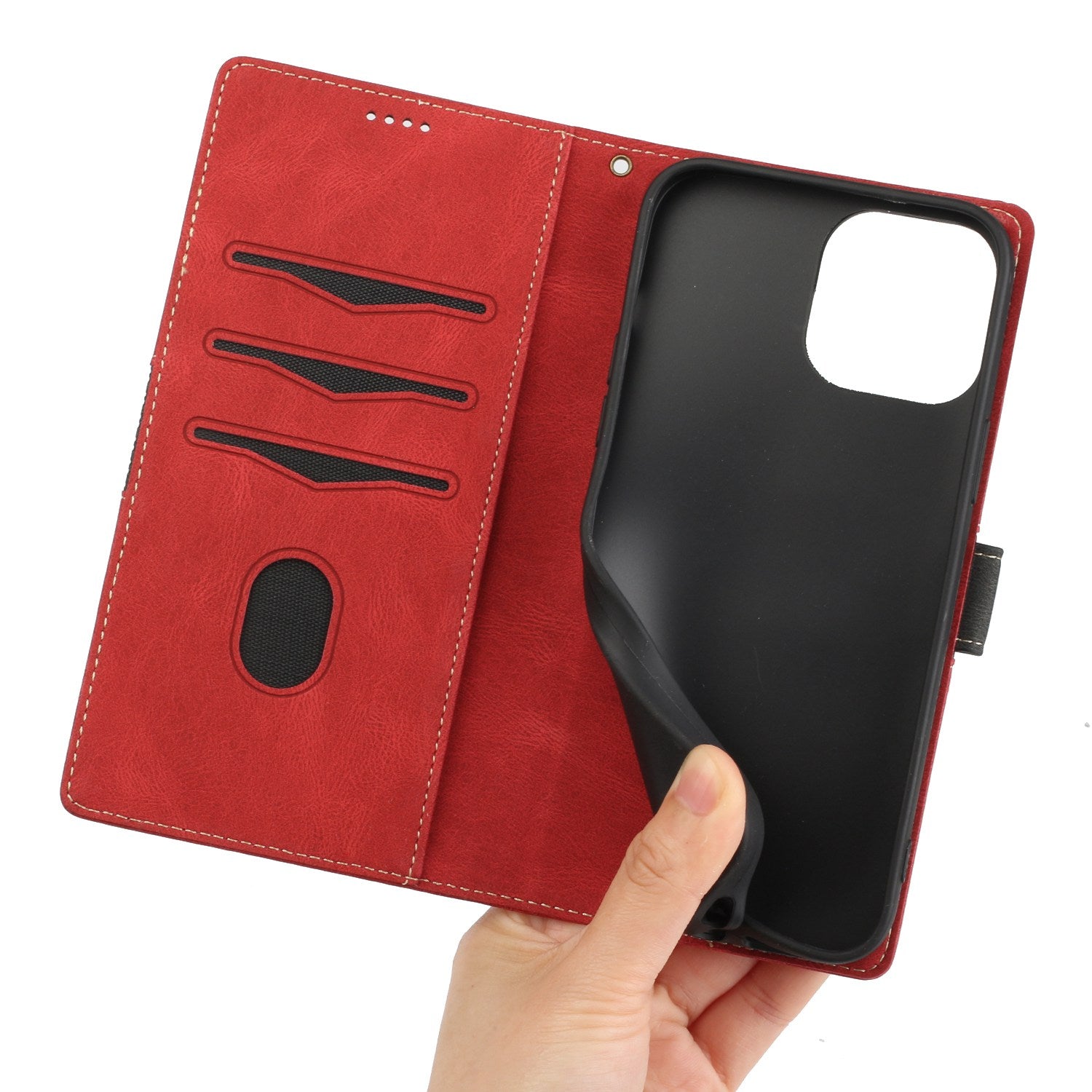 Wallet Stand Phone Case for iPhone 15 Pro Max , Grid Splicing PU Leather Phone Cover with Strap - Red