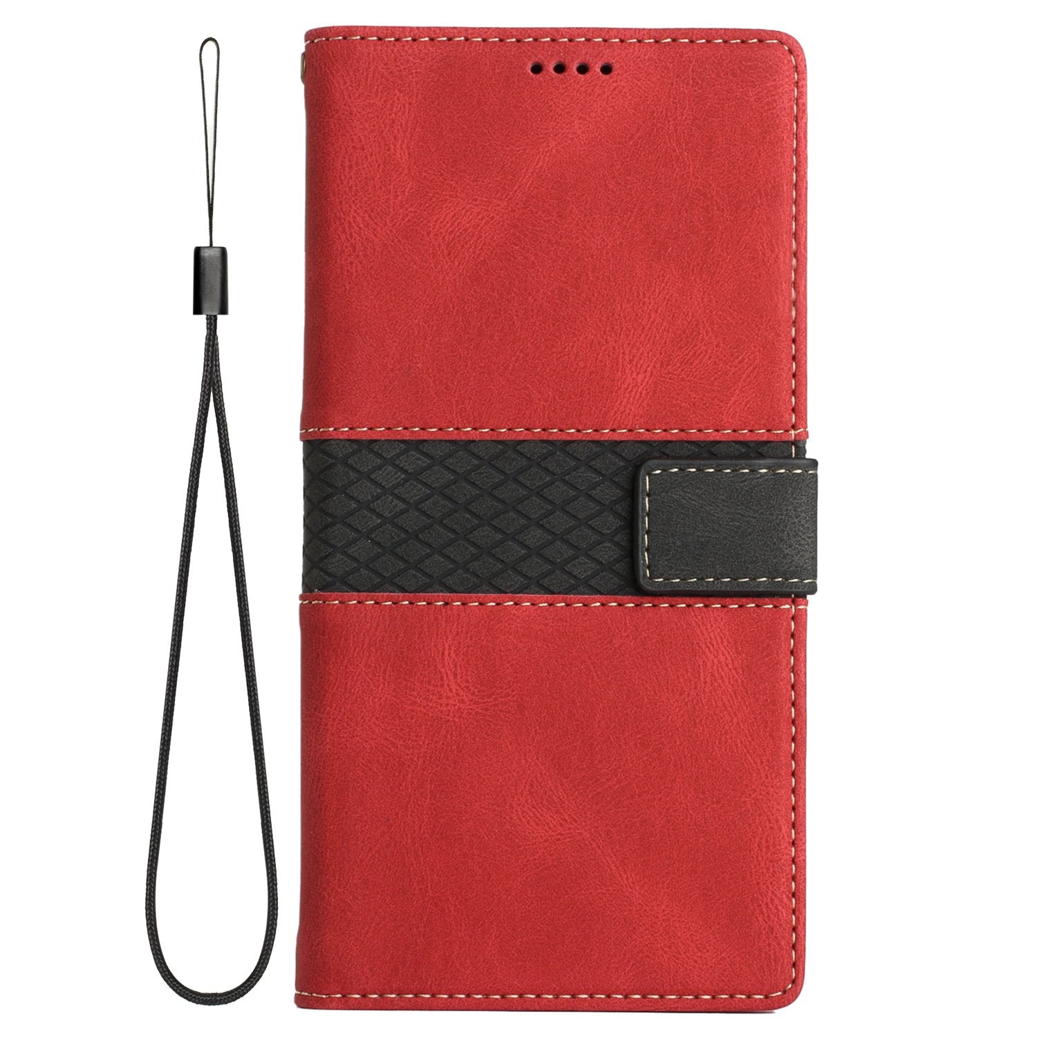 Wallet Stand Phone Case for iPhone 15 Pro Max , Grid Splicing PU Leather Phone Cover with Strap - Red