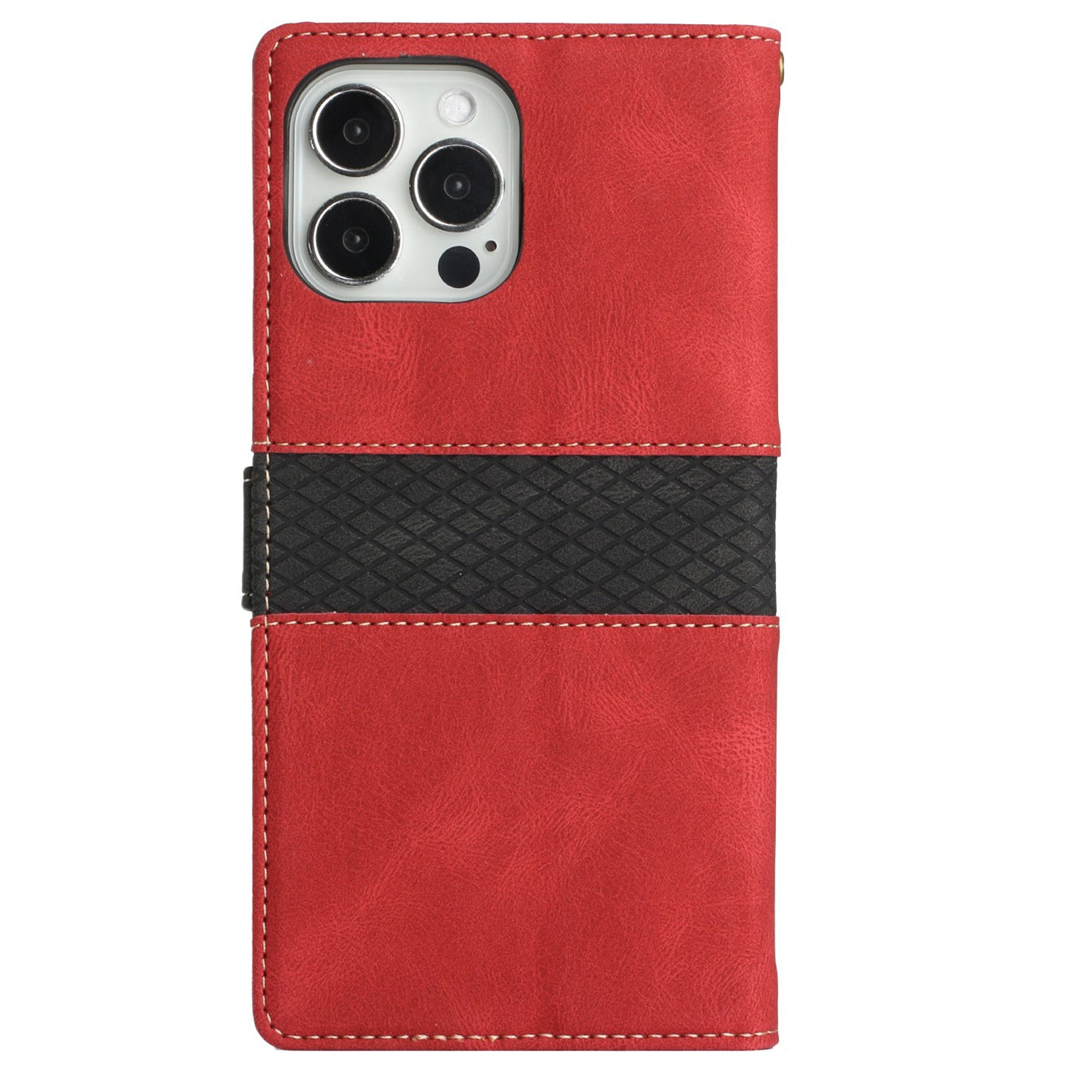 Wallet Stand Phone Case for iPhone 15 Pro Max , Grid Splicing PU Leather Phone Cover with Strap - Red