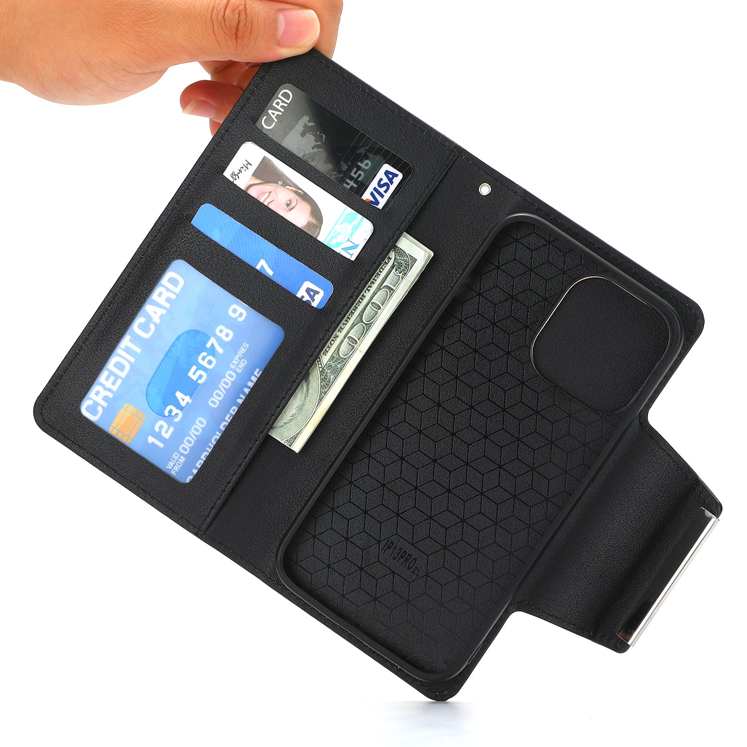 Wallet Folio Case for iPhone 15 Pro Max , PU Leather Slim Phone Cover with Removable Inner TPU Shell - Black