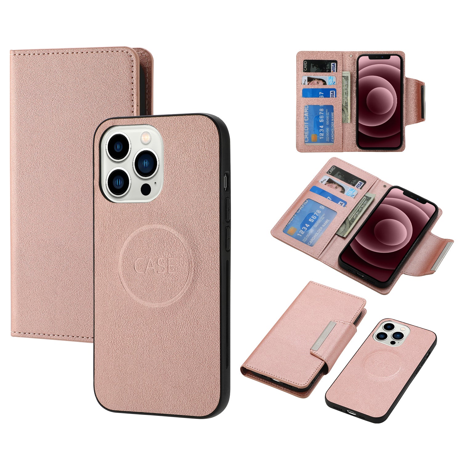 Wallet Folio Case for iPhone 15 Pro Max , PU Leather Slim Phone Cover with Removable Inner TPU Shell - Rose Gold