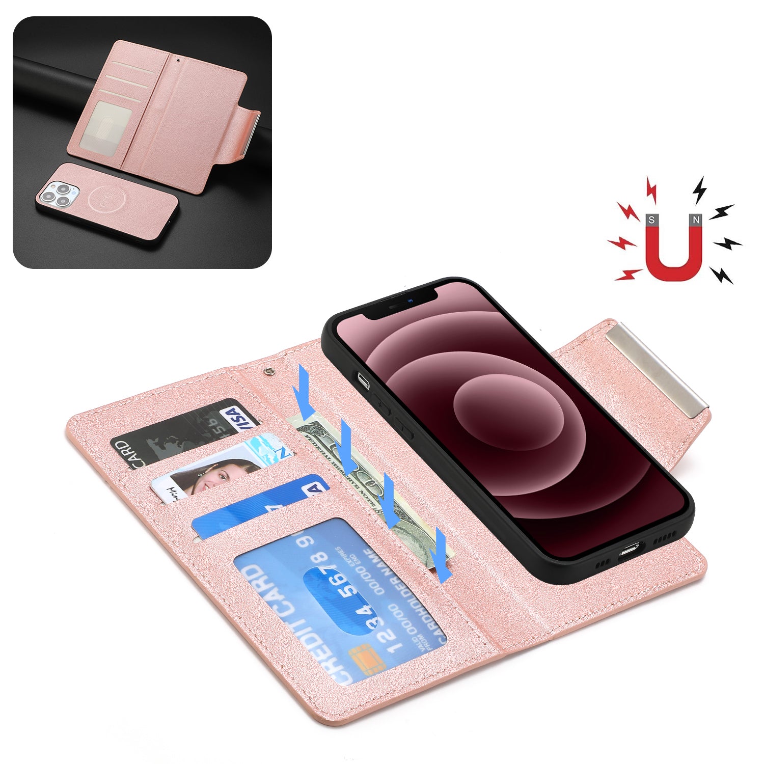 Wallet Folio Case for iPhone 15 Pro Max , PU Leather Slim Phone Cover with Removable Inner TPU Shell - Rose Gold