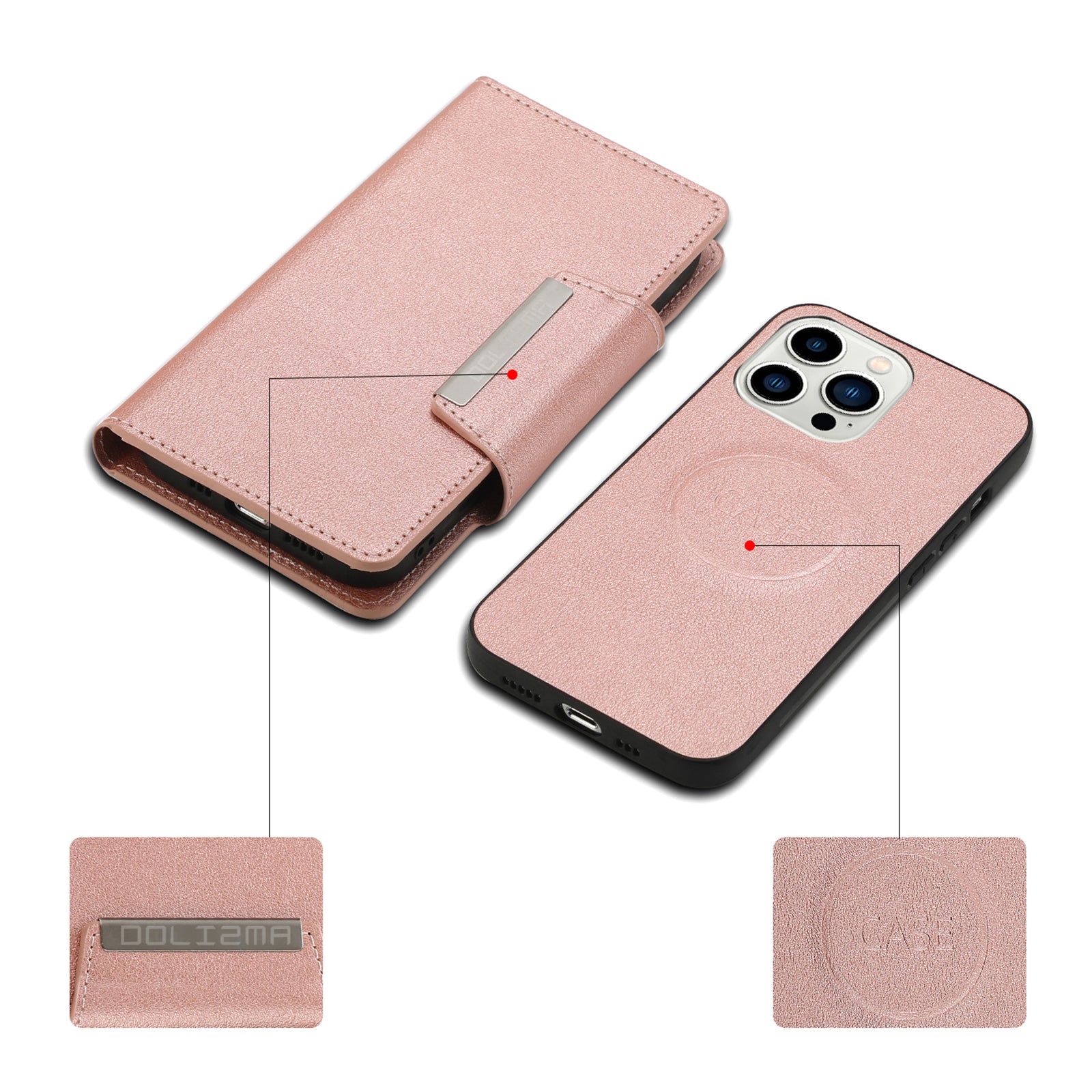 Wallet Folio Case for iPhone 15 Pro Max , PU Leather Slim Phone Cover with Removable Inner TPU Shell - Rose Gold