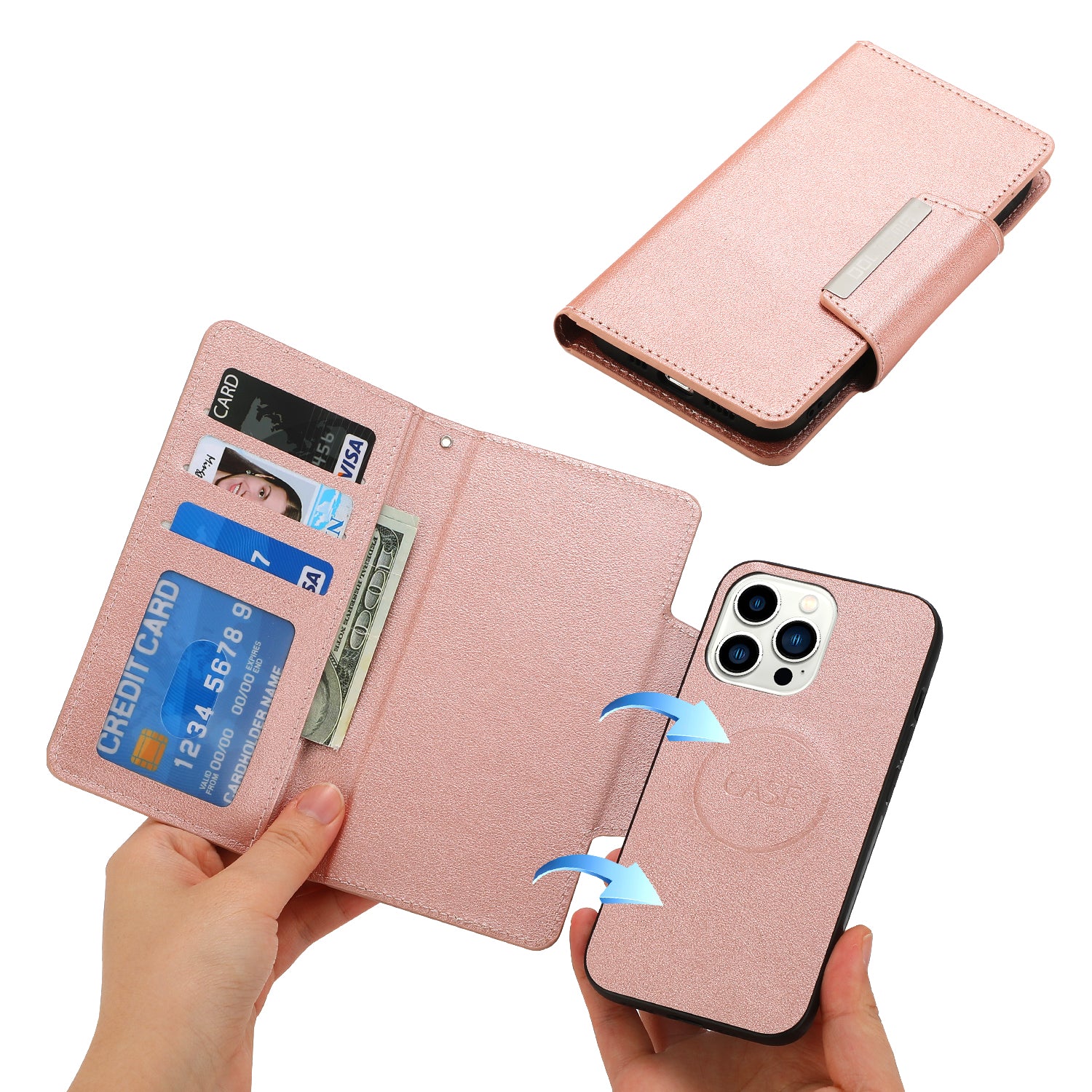 Wallet Folio Case for iPhone 15 Pro Max , PU Leather Slim Phone Cover with Removable Inner TPU Shell - Rose Gold