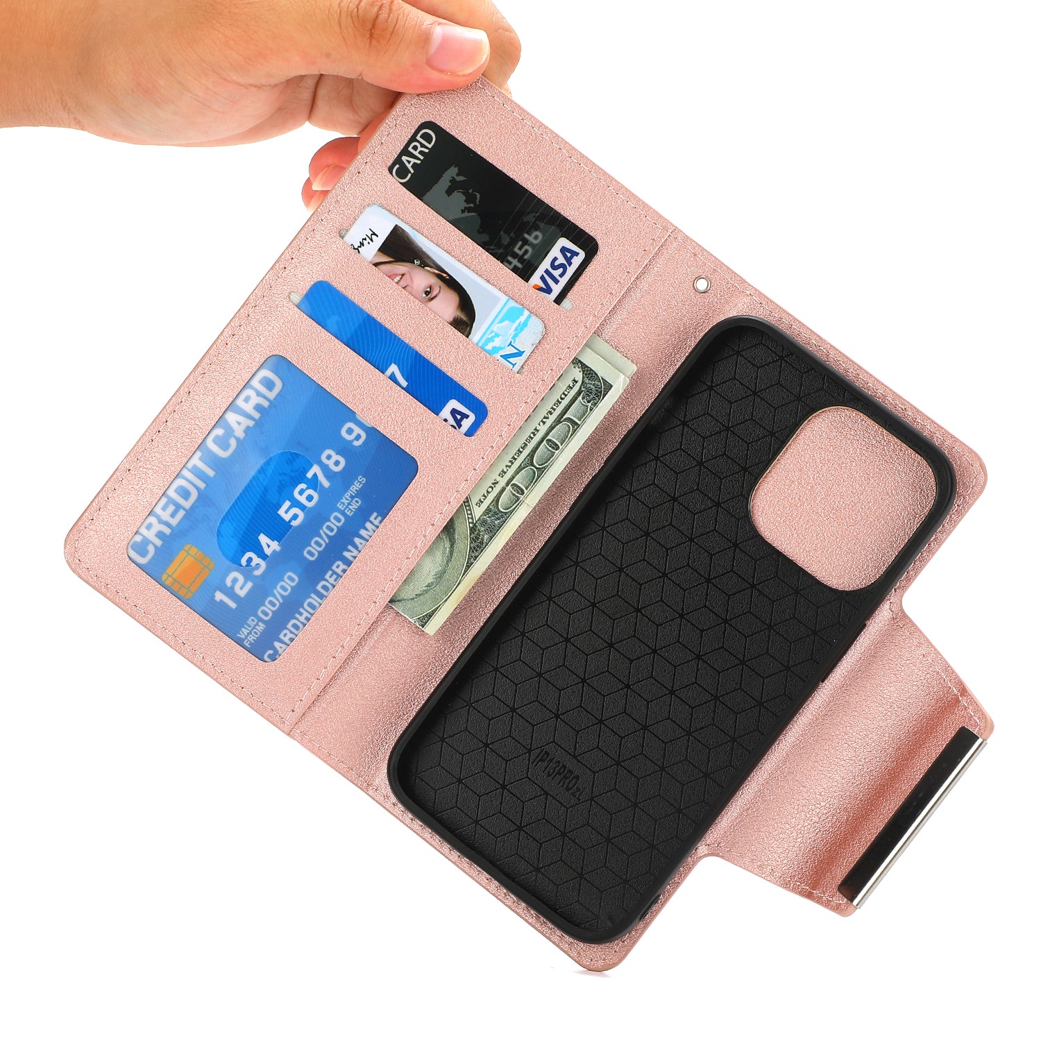 Wallet Folio Case for iPhone 15 Pro Max , PU Leather Slim Phone Cover with Removable Inner TPU Shell - Rose Gold