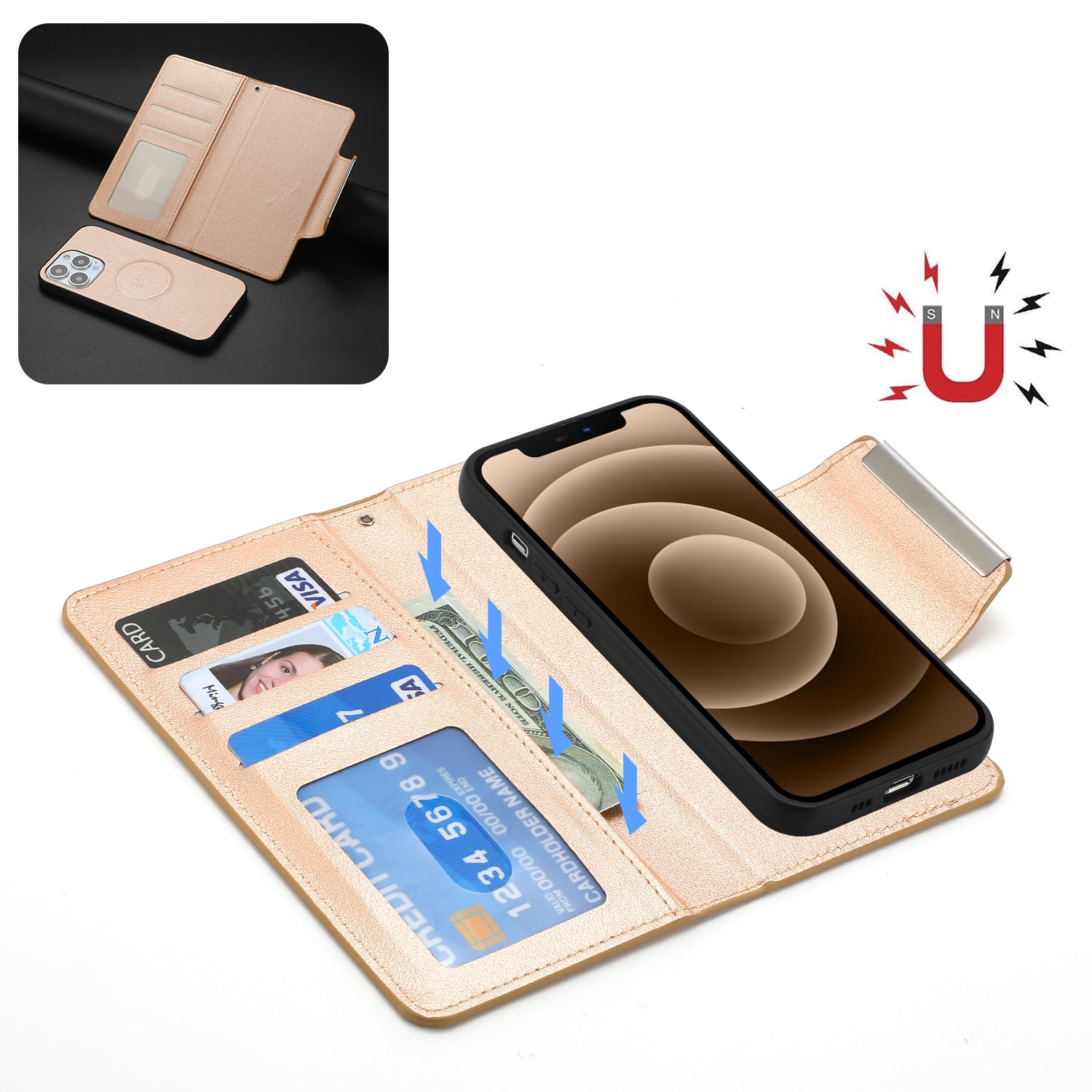 Wallet Folio Case for iPhone 15 Pro Max , PU Leather Slim Phone Cover with Removable Inner TPU Shell - Gold