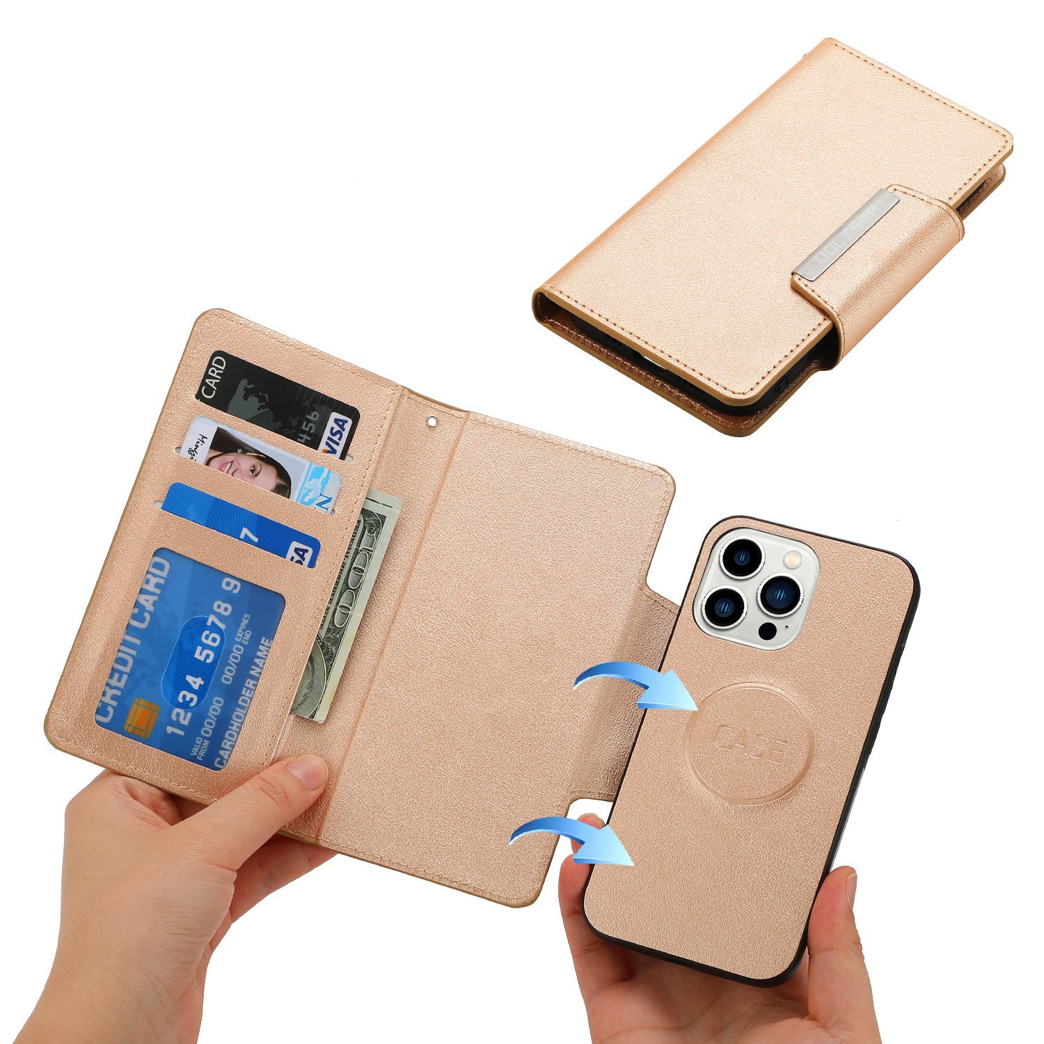 Wallet Folio Case for iPhone 15 Pro Max , PU Leather Slim Phone Cover with Removable Inner TPU Shell - Gold