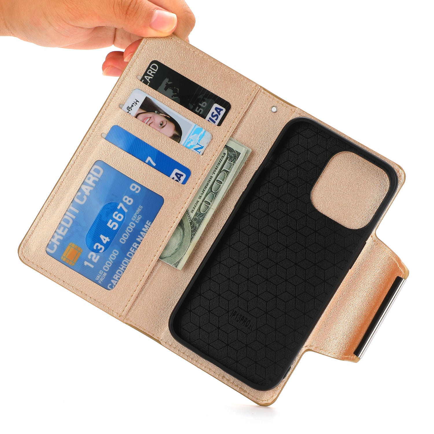 Wallet Folio Case for iPhone 15 Pro Max , PU Leather Slim Phone Cover with Removable Inner TPU Shell - Gold