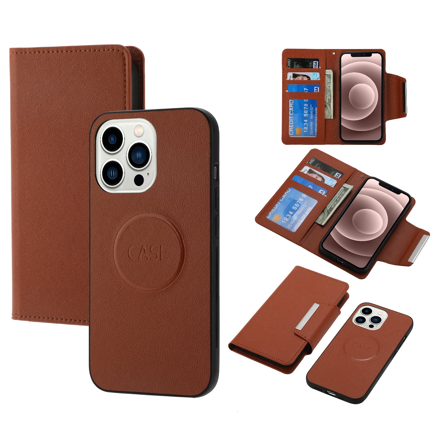 Wallet Folio Case for iPhone 15 Pro Max , PU Leather Slim Phone Cover with Removable Inner TPU Shell - Brown