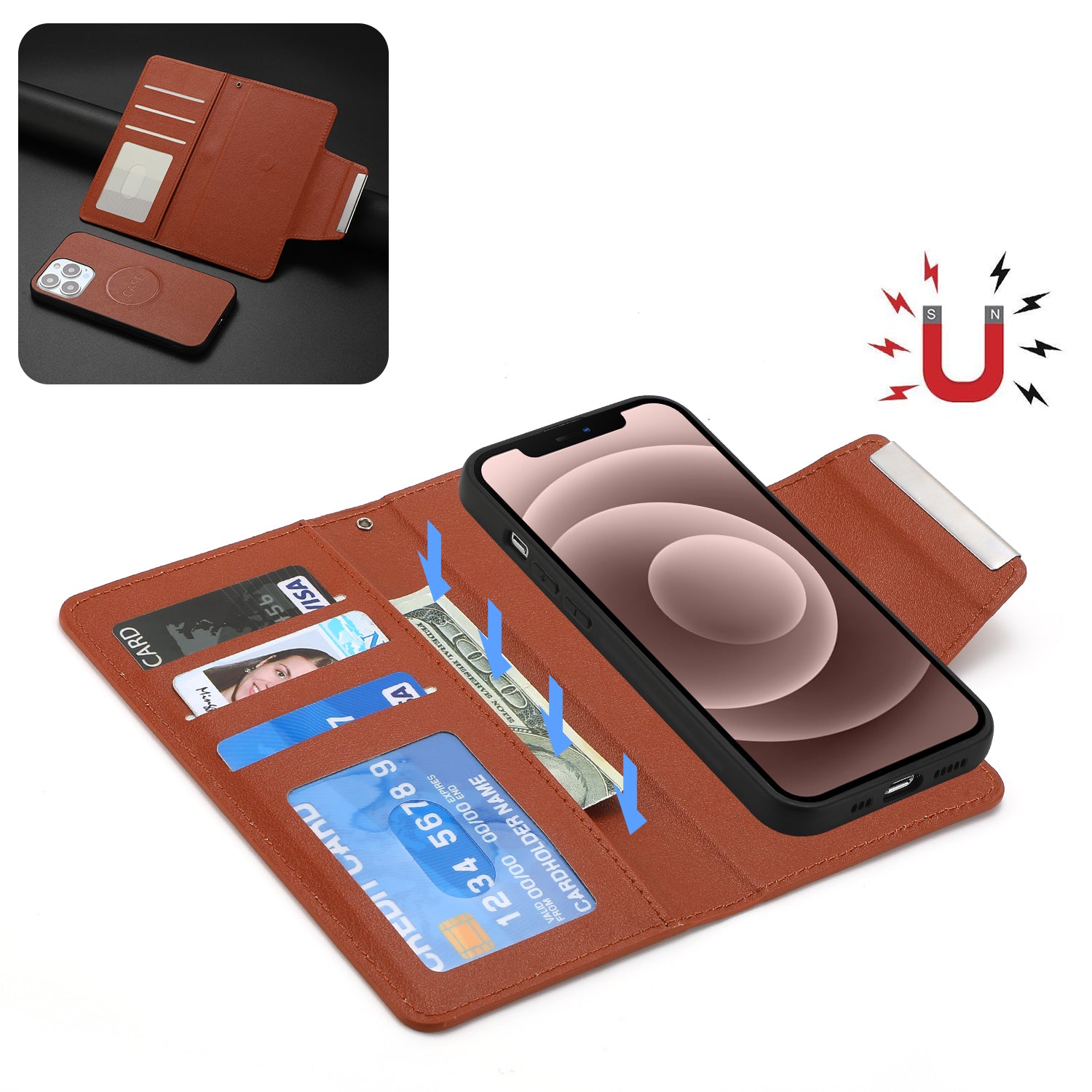 Wallet Folio Case for iPhone 15 Pro Max , PU Leather Slim Phone Cover with Removable Inner TPU Shell - Brown