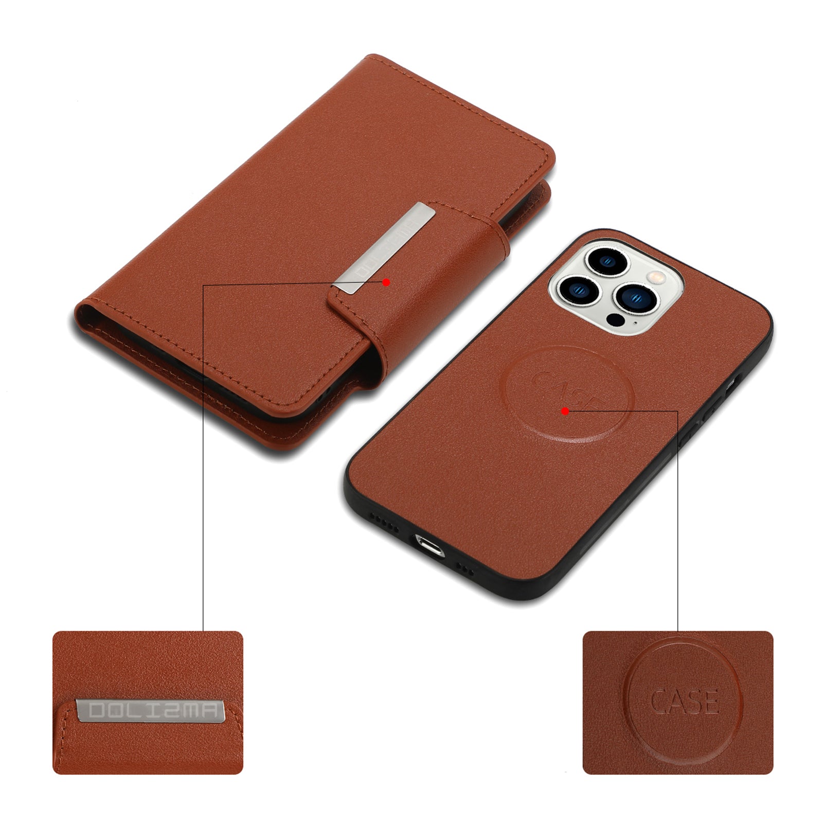 Wallet Folio Case for iPhone 15 Pro Max , PU Leather Slim Phone Cover with Removable Inner TPU Shell - Brown