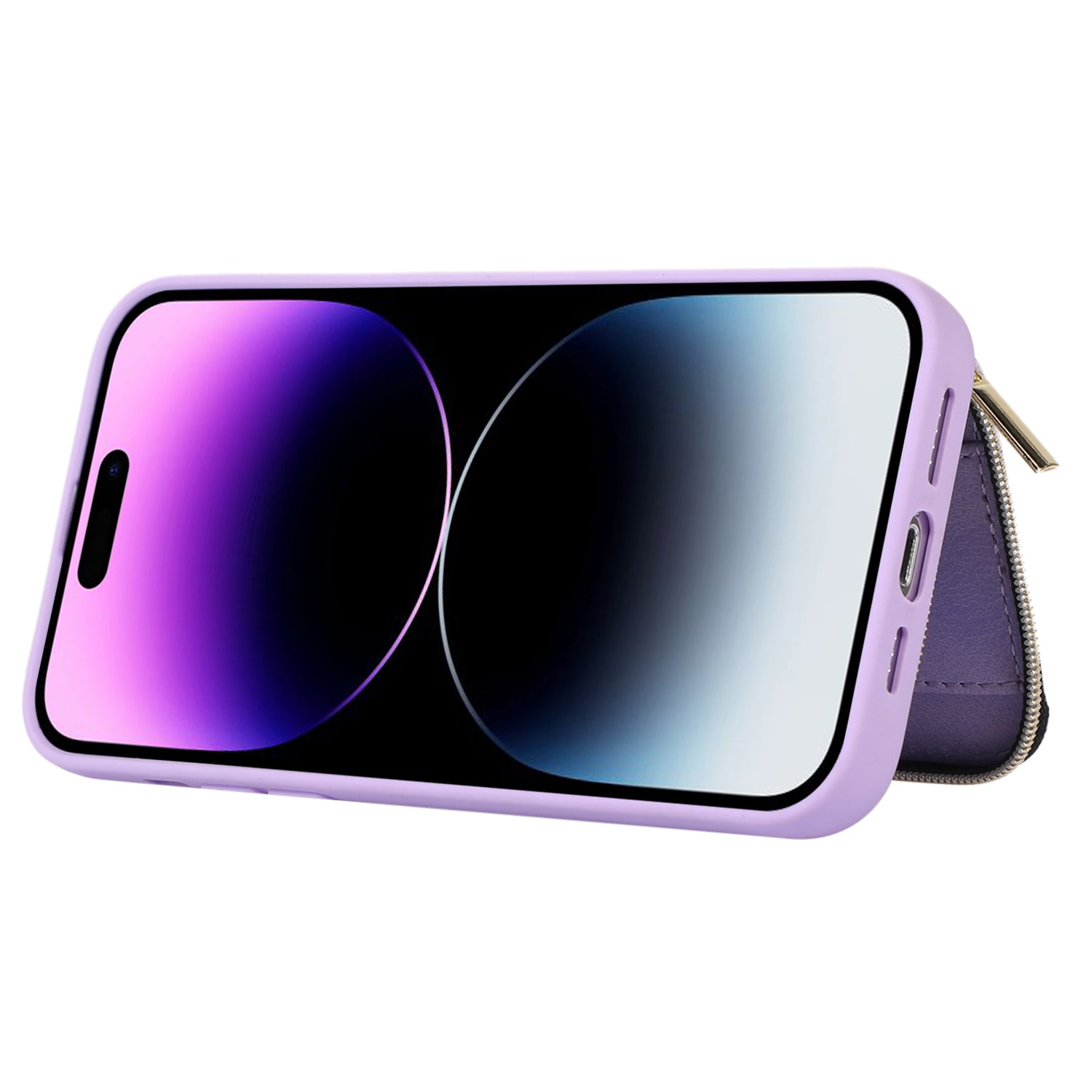Uniqkart for iPhone 15 Pro Max Zipper Wallet Phone Cover Kickstand PU Leather Coated TPU Case - Purple