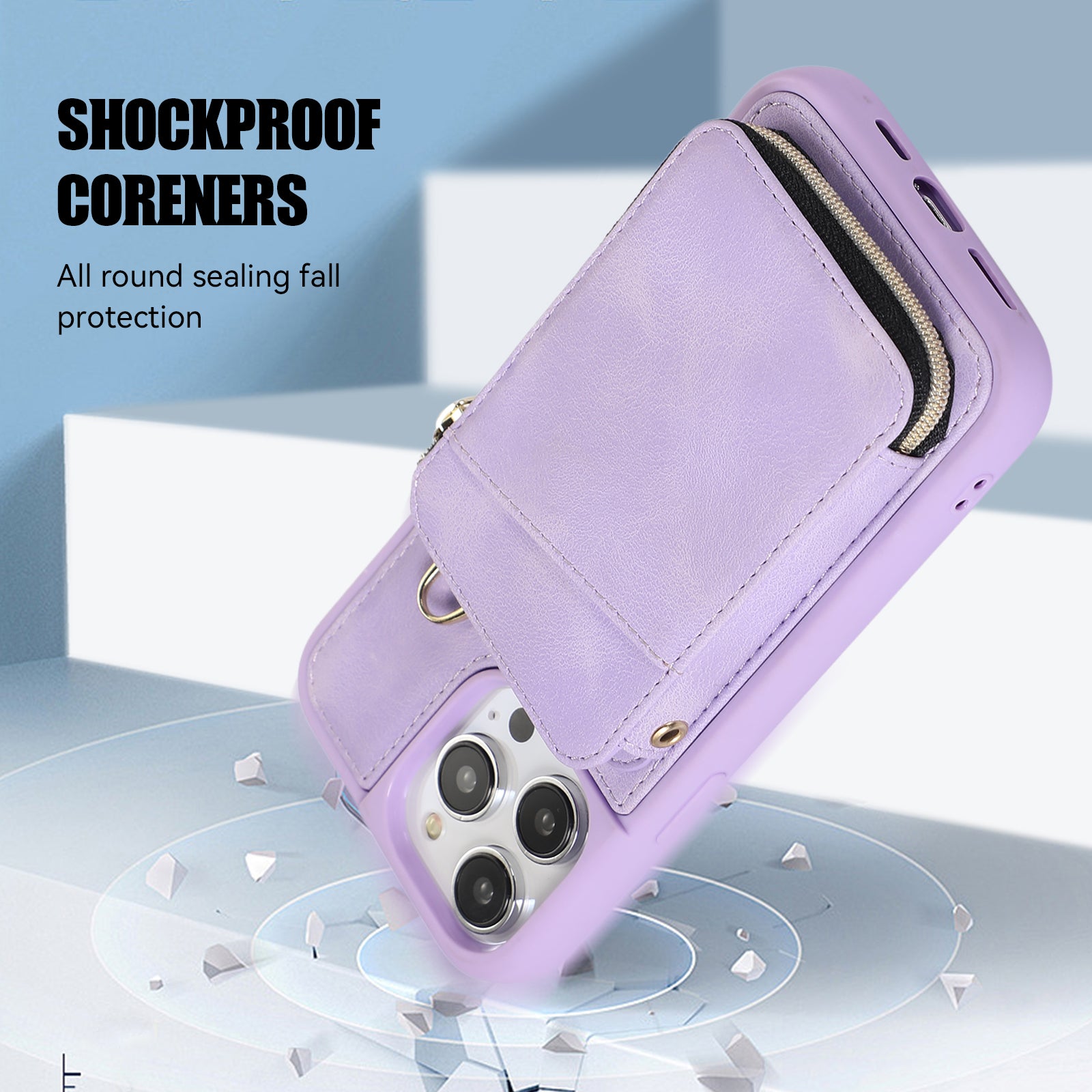 Uniqkart for iPhone 15 Pro Max Zipper Wallet Phone Cover Kickstand PU Leather Coated TPU Case - Purple