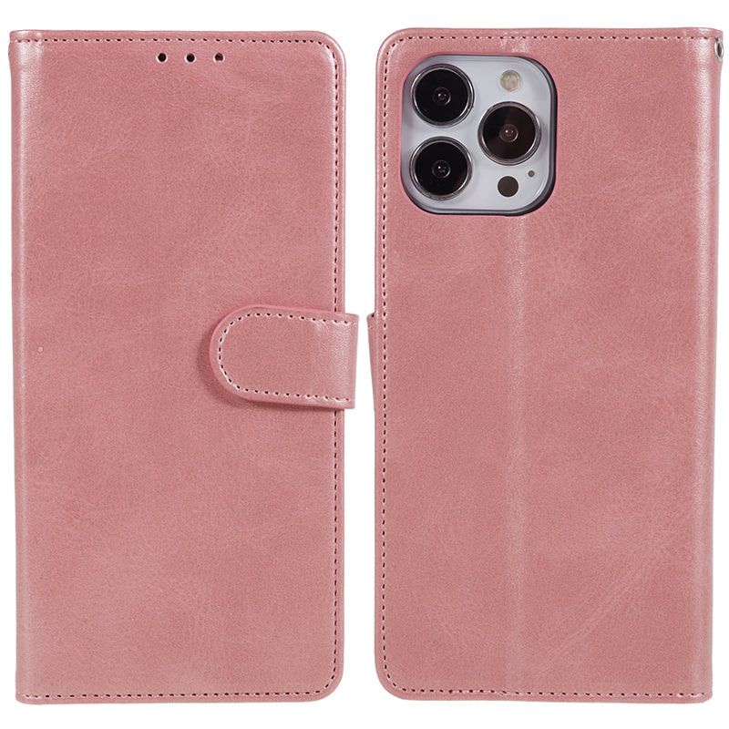 Wallet PU Leather Phone Cover for iPhone 15 Plus , Calf Texture Cell Phone Case with Stand - Rose Gold