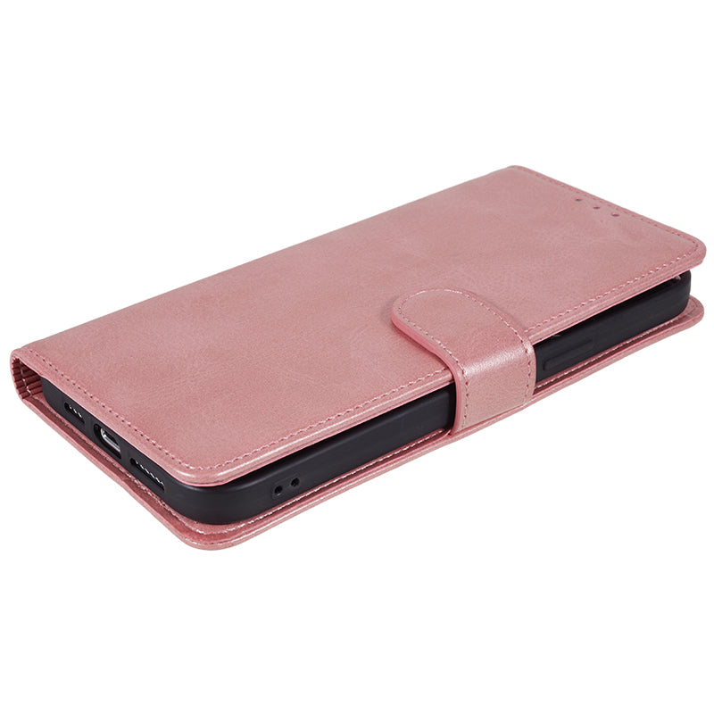 Wallet PU Leather Phone Cover for iPhone 15 Plus , Calf Texture Cell Phone Case with Stand - Rose Gold