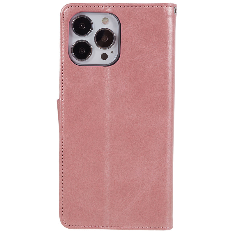 Wallet PU Leather Phone Cover for iPhone 15 Plus , Calf Texture Cell Phone Case with Stand - Rose Gold