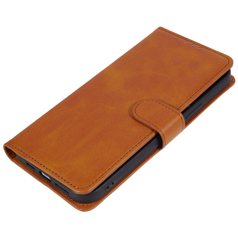 Wallet PU Leather Phone Cover for iPhone 15 Plus , Calf Texture Cell Phone Case with Stand - Khaki