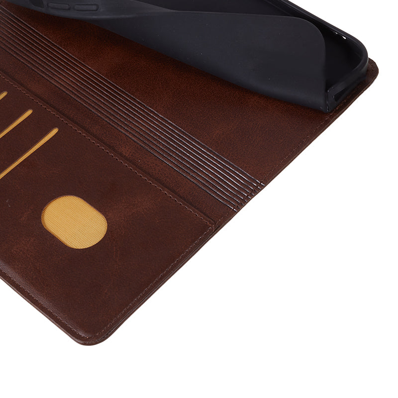 Wallet PU Leather Phone Cover for iPhone 15 Plus , Calf Texture Cell Phone Case with Stand - Brown