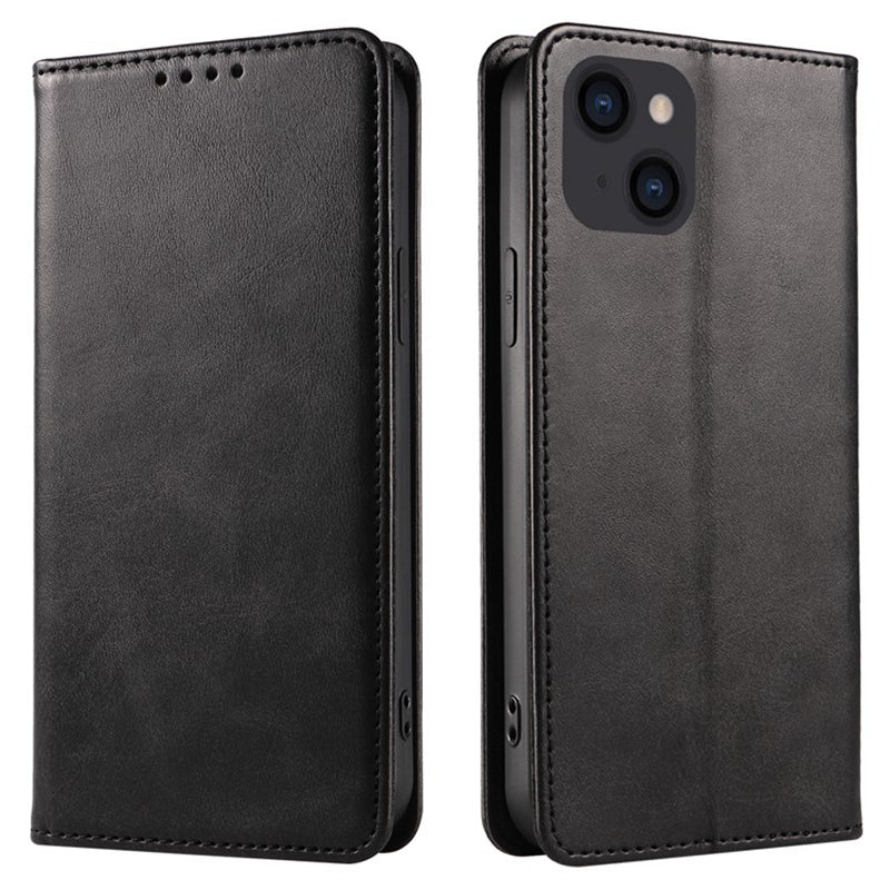 Wallet Stand Phone Leather Case for iPhone 15 , Calf Texture Shockproof Cell Phone Cover - Black