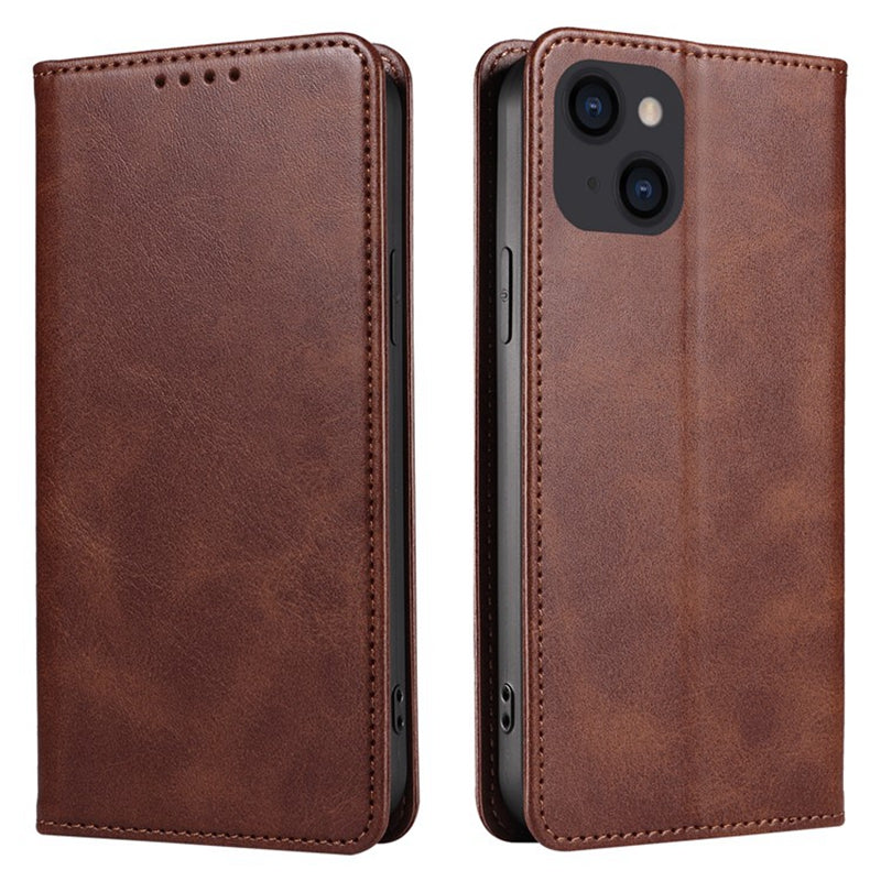 Wallet Stand Phone Leather Case for iPhone 15 , Calf Texture Shockproof Cell Phone Cover - Brown