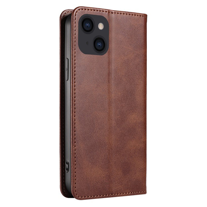 Wallet Stand Phone Leather Case for iPhone 15 , Calf Texture Shockproof Cell Phone Cover - Brown